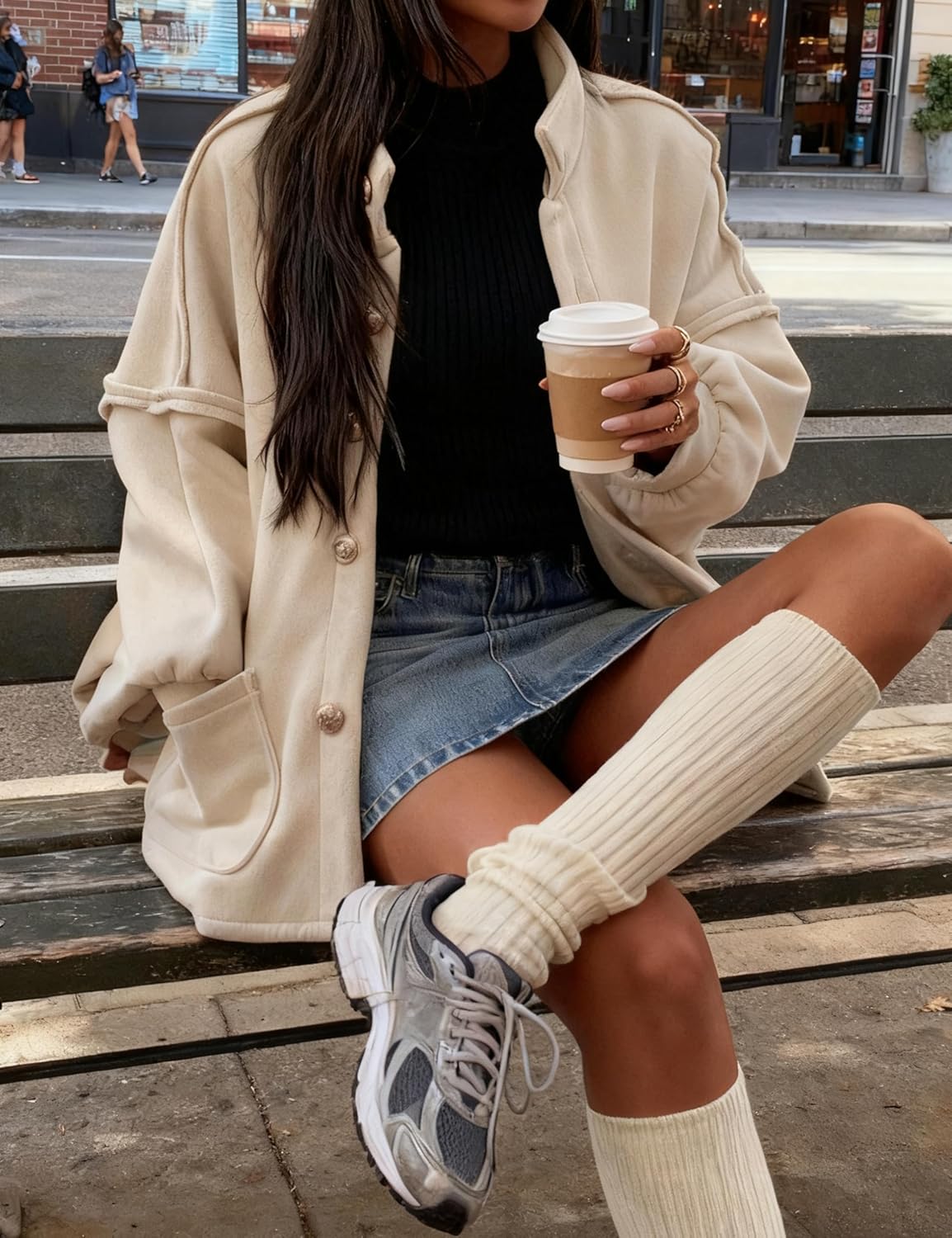 Faleave Women's Oversized Button Down Jacket Lantern Long Sleeve Coat Fall Winter Mock Neck Casual Outerwear with Pockets - Image 2