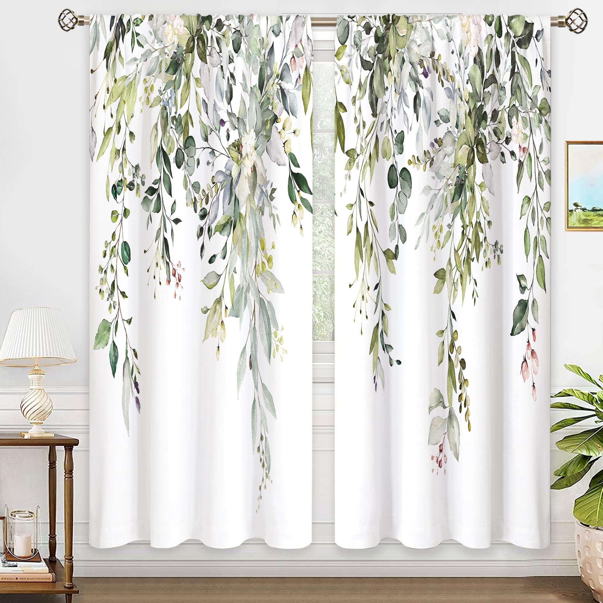 oolygoo Sage Green Eucalyptus Leaves Window Curtains Flower Watercolor Floral BotanicalPlant Wildflower Farmhouse Curtain Drapes Herb Curtains for Bedroom Living Room Treatment 2 Panels 52Wx84H Inch — image 1