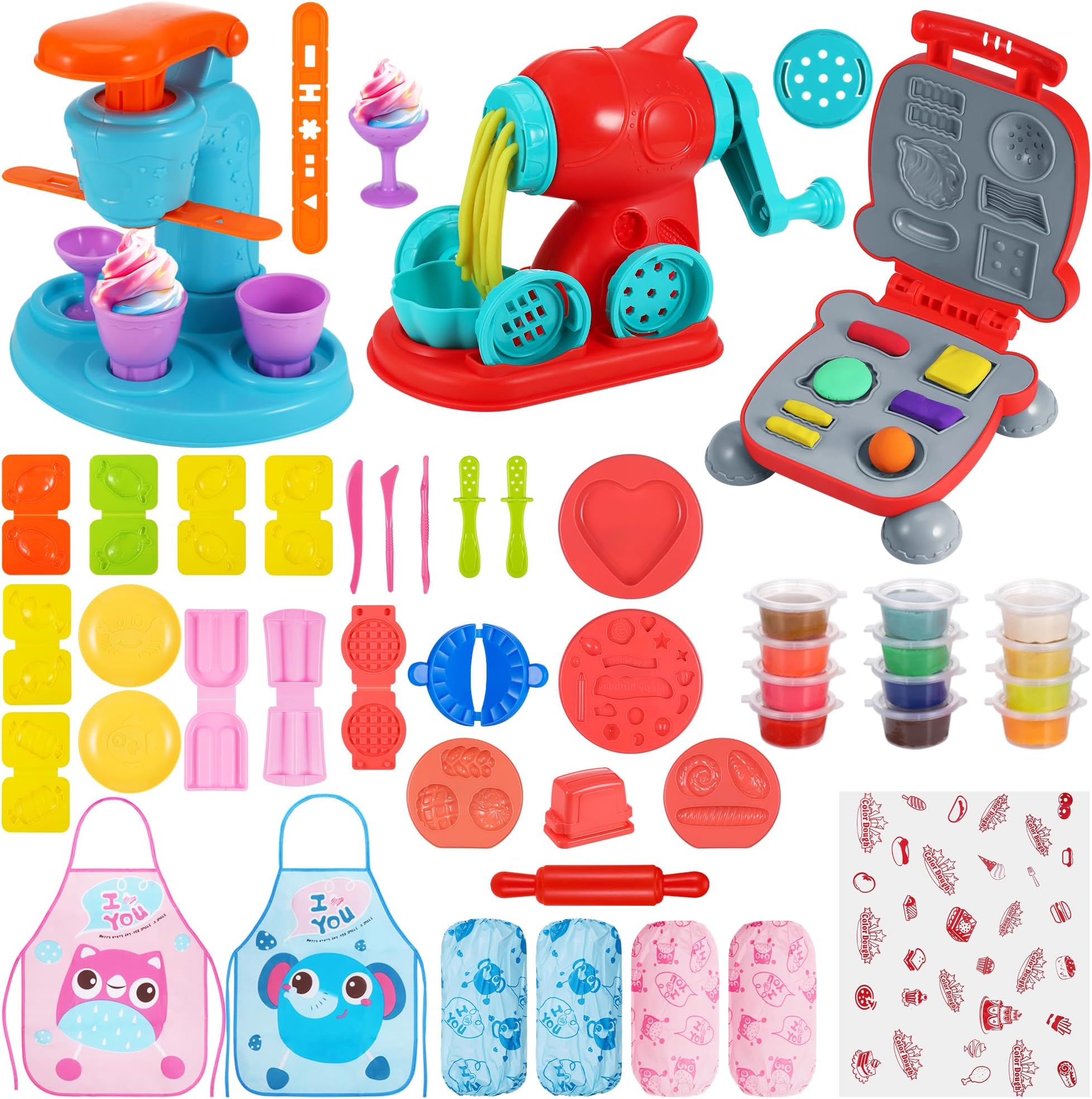 3 in 1 Play Color Dough Kitchen Creations Set, Play Color Dough Set for Kids, Ice Cream Noodle Hamburger Maker Machine, Deluxe Dough Tools Kit for Kids 3 years+(12 Colors Dough+Aprons)