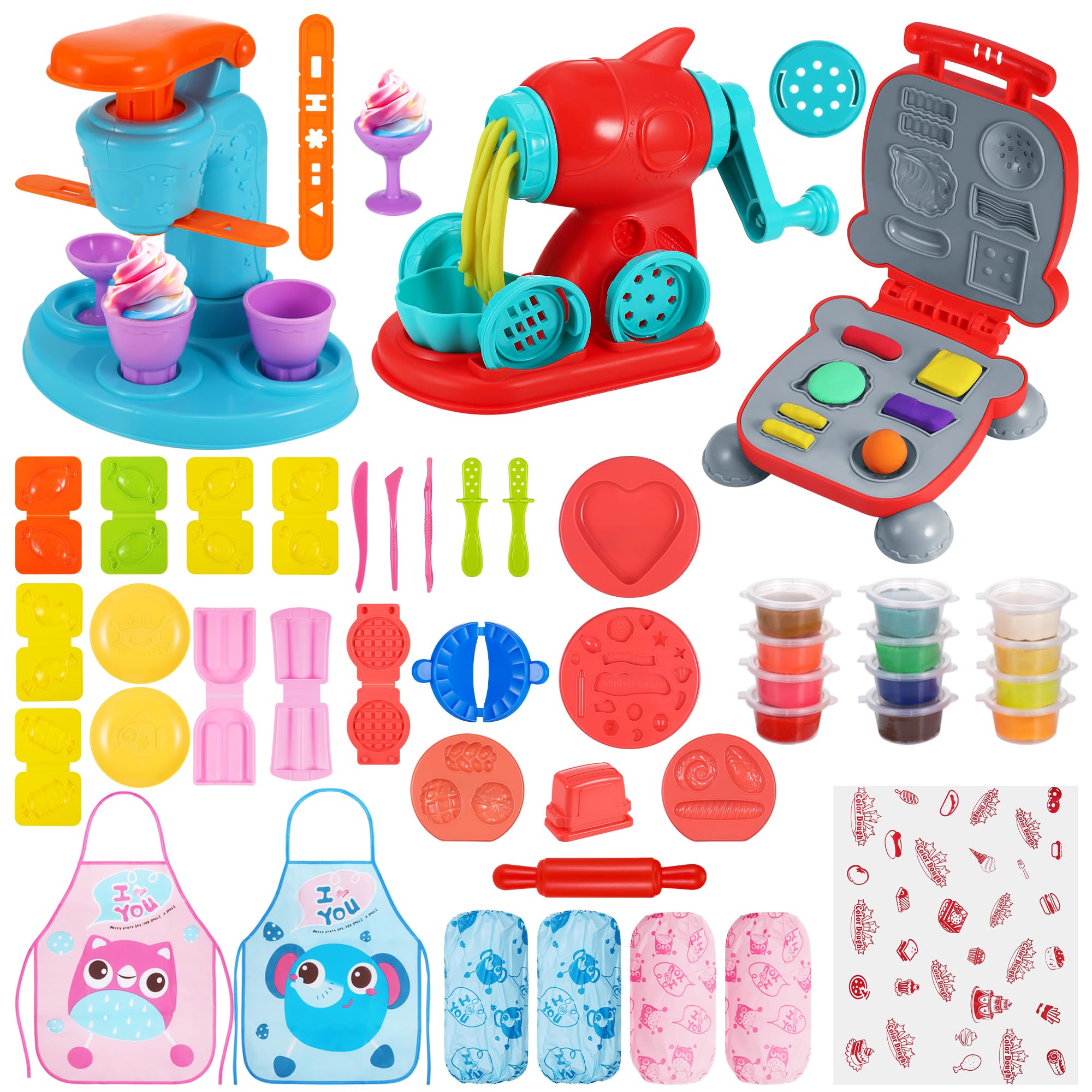 3 in 1 Play Color Dough Kitchen Creations Set, Play Color Dough Set for Kids, Ice Cream Noodle Hamburger Maker Machine, Deluxe Dough Tools Kit for Kids 3 years+(12 Colors Dough+Aprons)