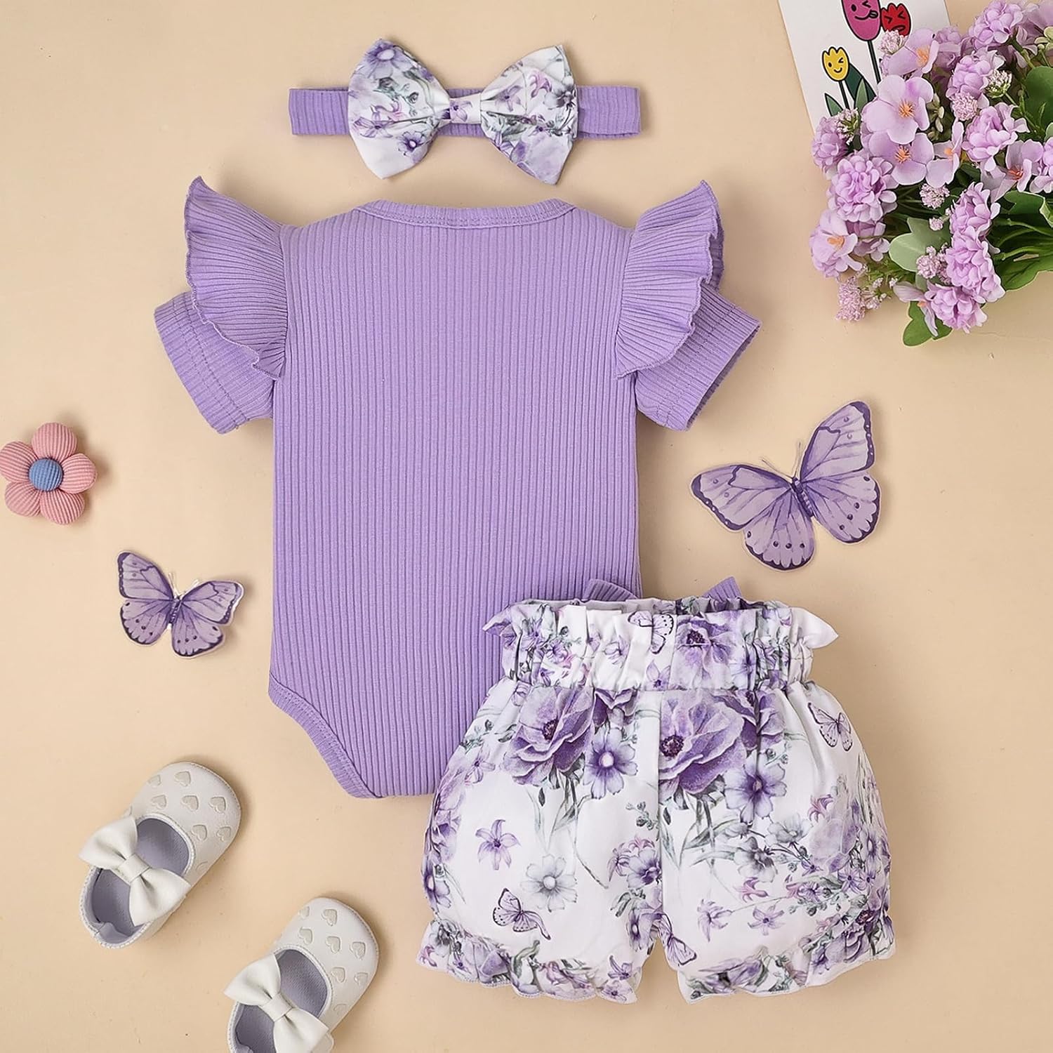Baby Girl Clothes Summer Outfits Newborn Romper Ruffle Sleeve Infant Flower Shorts with Bow Headband Set 0-18 Months - Image 3