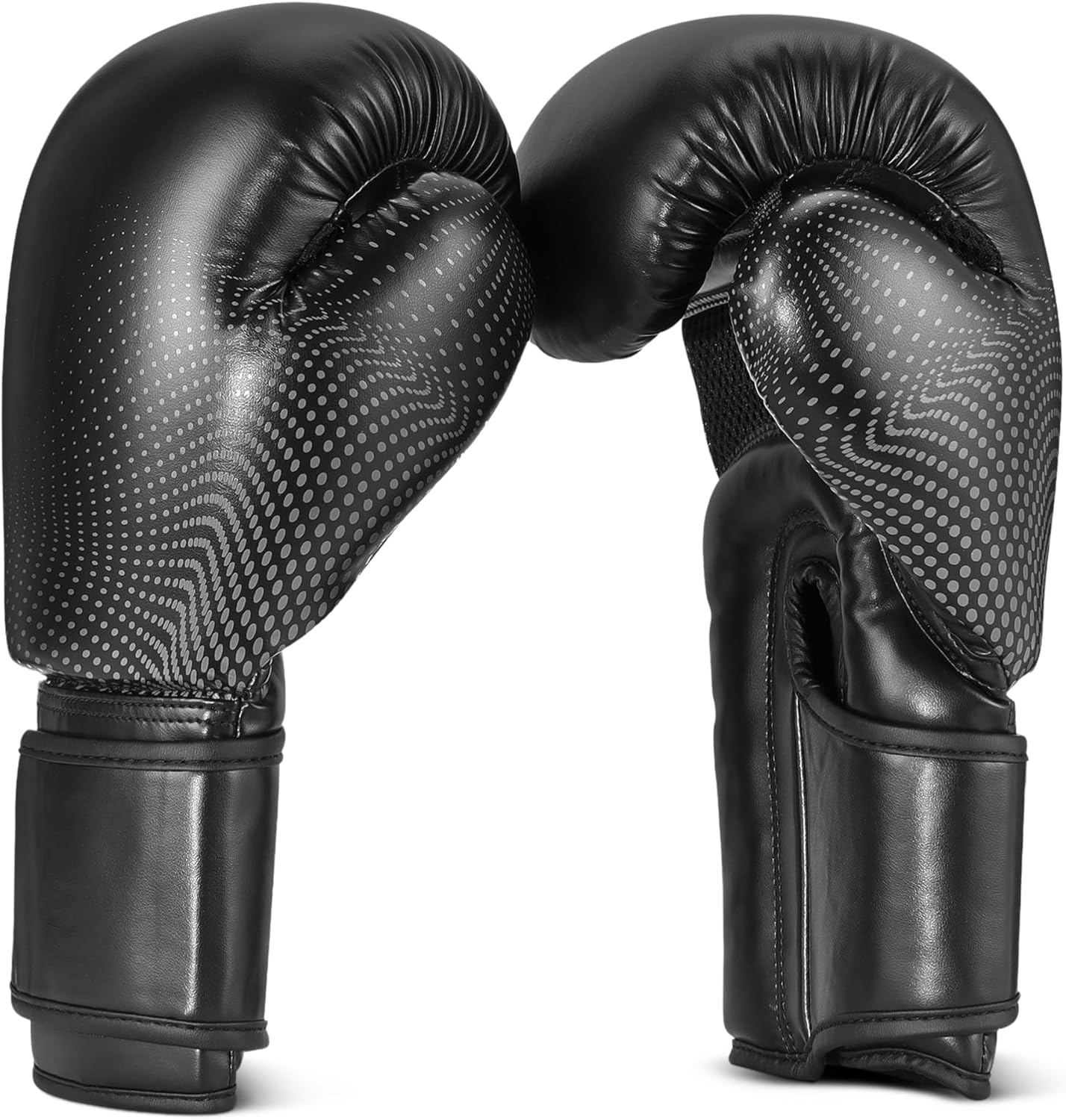 Amazon Basics Guantes de Boxeo de Cuero Sintético para Hombres y Mujeres - Guantes de Entrenamiento para Sparring, MMA, Muay Thai - Diseño Ergonómico y Transpirable con Soporte de Muñeca - Negro - Amazon product rated Grade B