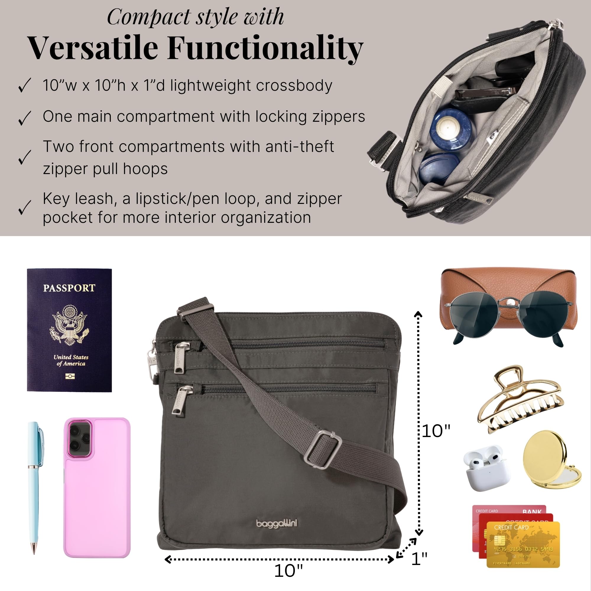 Baggallini Damen Theft Securtex Anti-Diebstahl Large Crossbody
