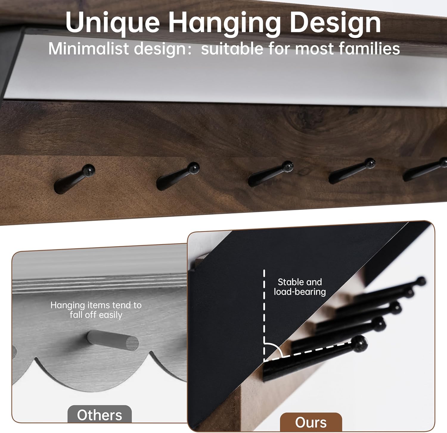 Coat Rack Wall Mount with Shelf - American Black Walnut Solid Wood, Wall Shelf with Hooks, Entryway Floating Shelves with 5 Hooks and Metal Frame for Kitchen, Living Room, Bedroom