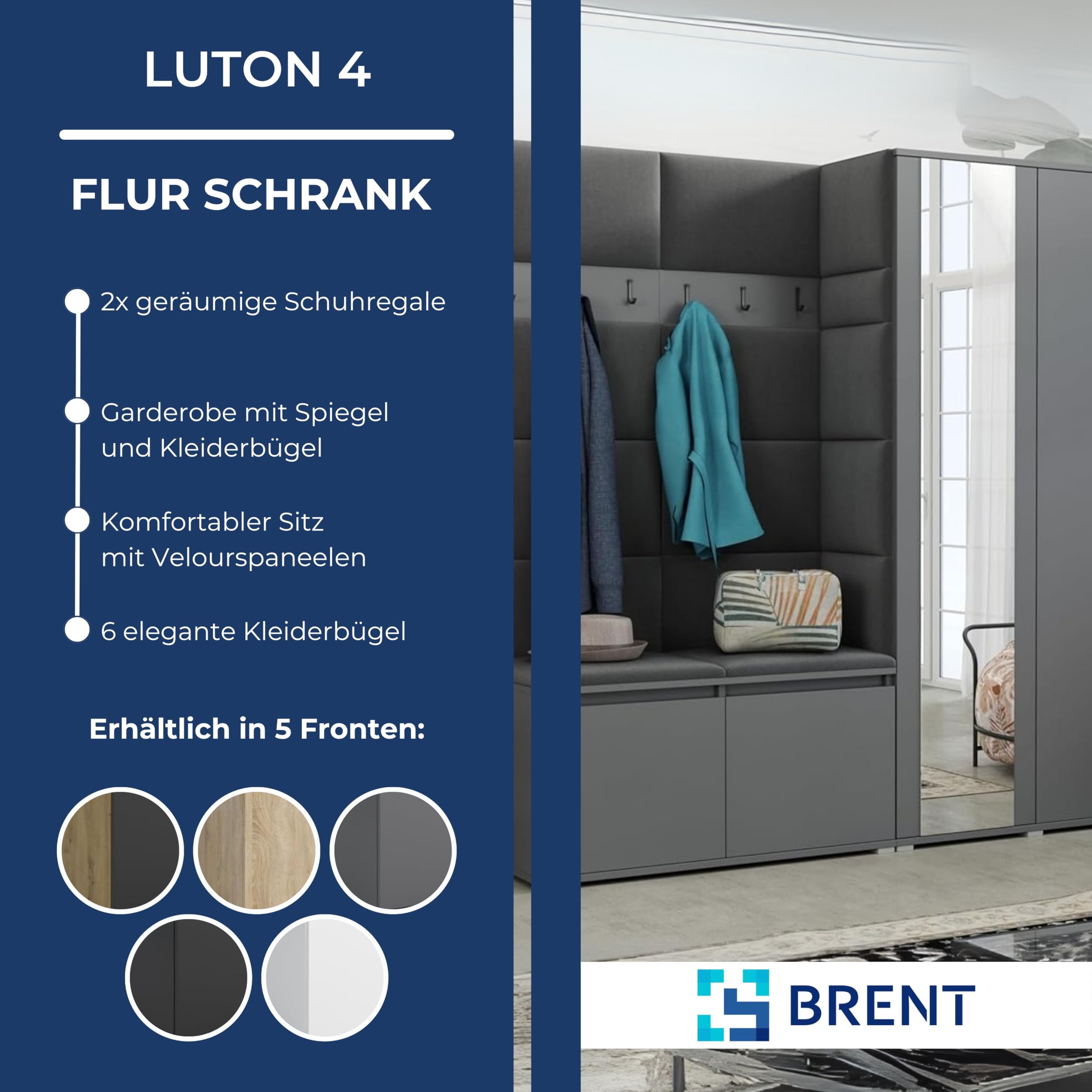 Brent Flurgarderobe Luton 4 Set: Schuhbank mit Sitzfläche, Garderobenpaneel, Garderobe mit Spiegel, Grau + Schwarz