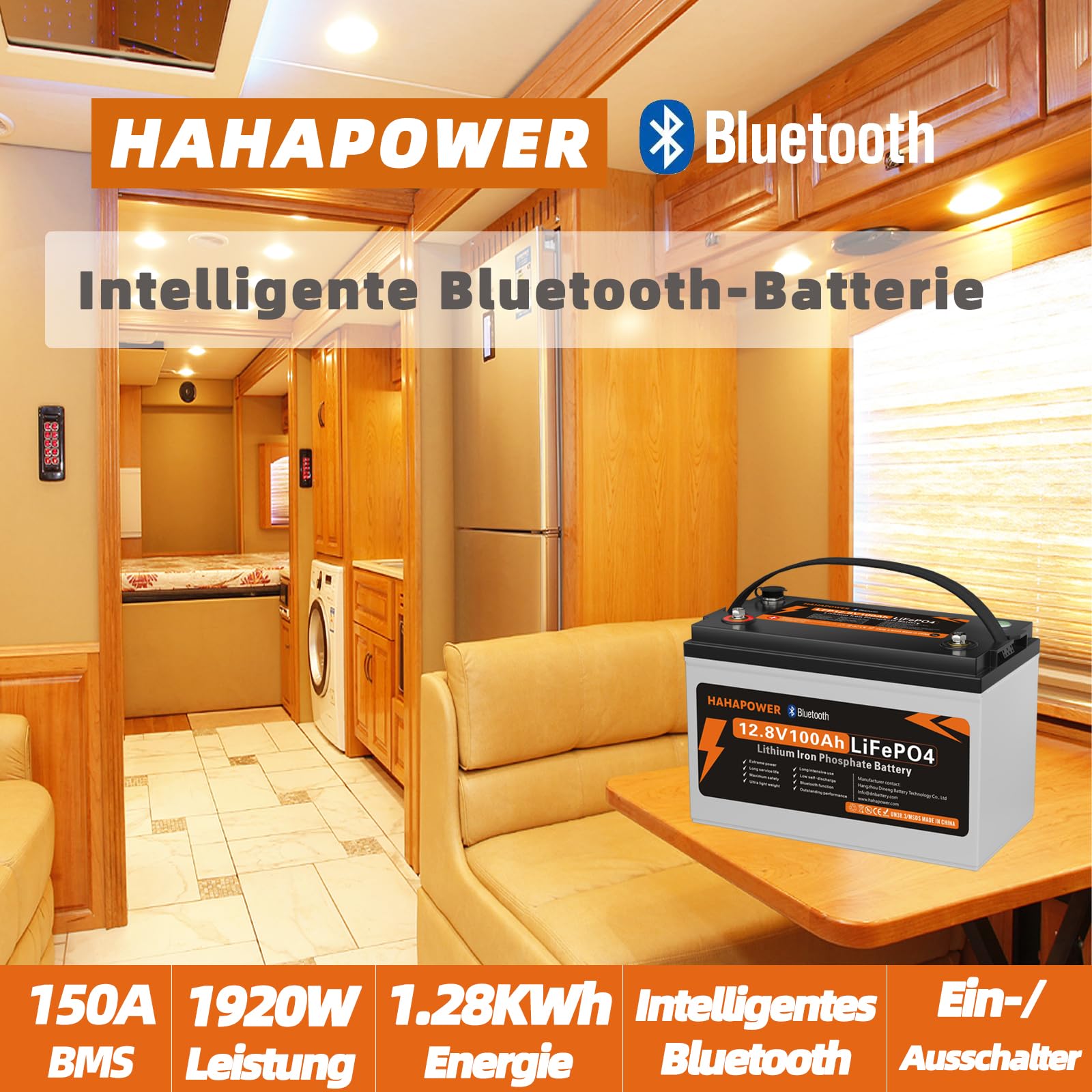 12.8V 100Ah Bluetooth LiFePO4 Batterie, 150A Strom BMS, Smart Power Knopf, Schutz vor niedrigen Temperaturen, Max 15000Cycles, Perfekt für RVs, Wohnmobile, Solaranlagen, Off- Grid