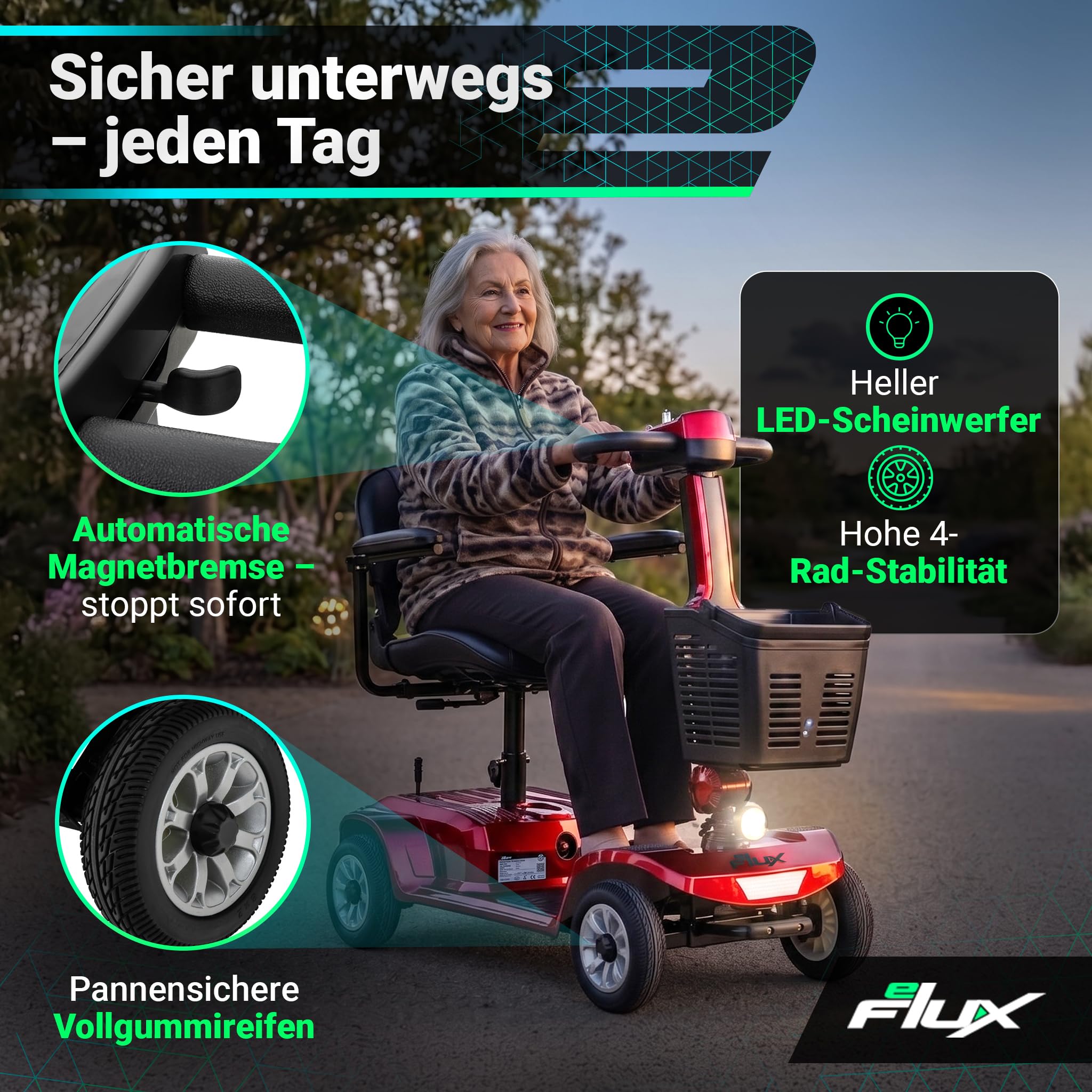 eFlux Seniorenmobil M1 | Elektromobil für Senioren klappbar - Bis 20 km Reichweite - Rollator - Rollstuhl elektrisch - Elektrorollstuhl - Seniorenroller (Rot)