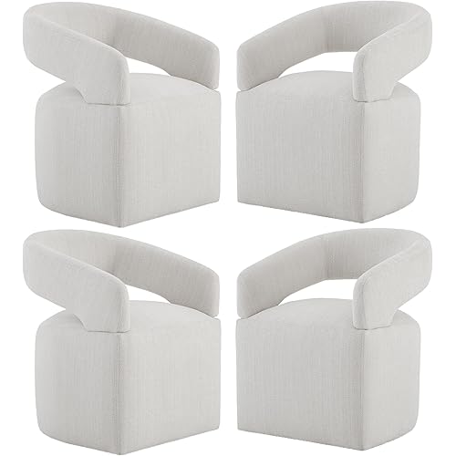 Upholstered Dining Chairs with Casters Modern Barrel Side Armchair with Rollers for Diningroom Bedroom Livingroom Reading Room, Linen, 4PCS
