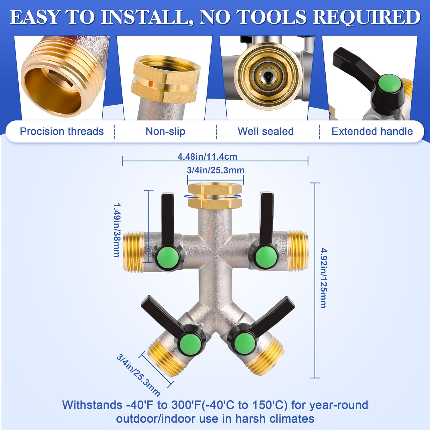 EJW Hose Splitter 4 Way, Garden Hose Splitters, 4 Way Faucet Splitter, Water Spigot Splitter, RV Brass Hose Splitter,Heavy Duty Garden Hose Splitter, Hose Valve 3/4 Inch GHT Thread.