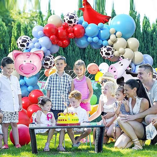 Miniatura 4 de Kit de arco de guirnalda de globos con temática de animales de granja, 114 globos rojos y azules con estampado de animales de granja para