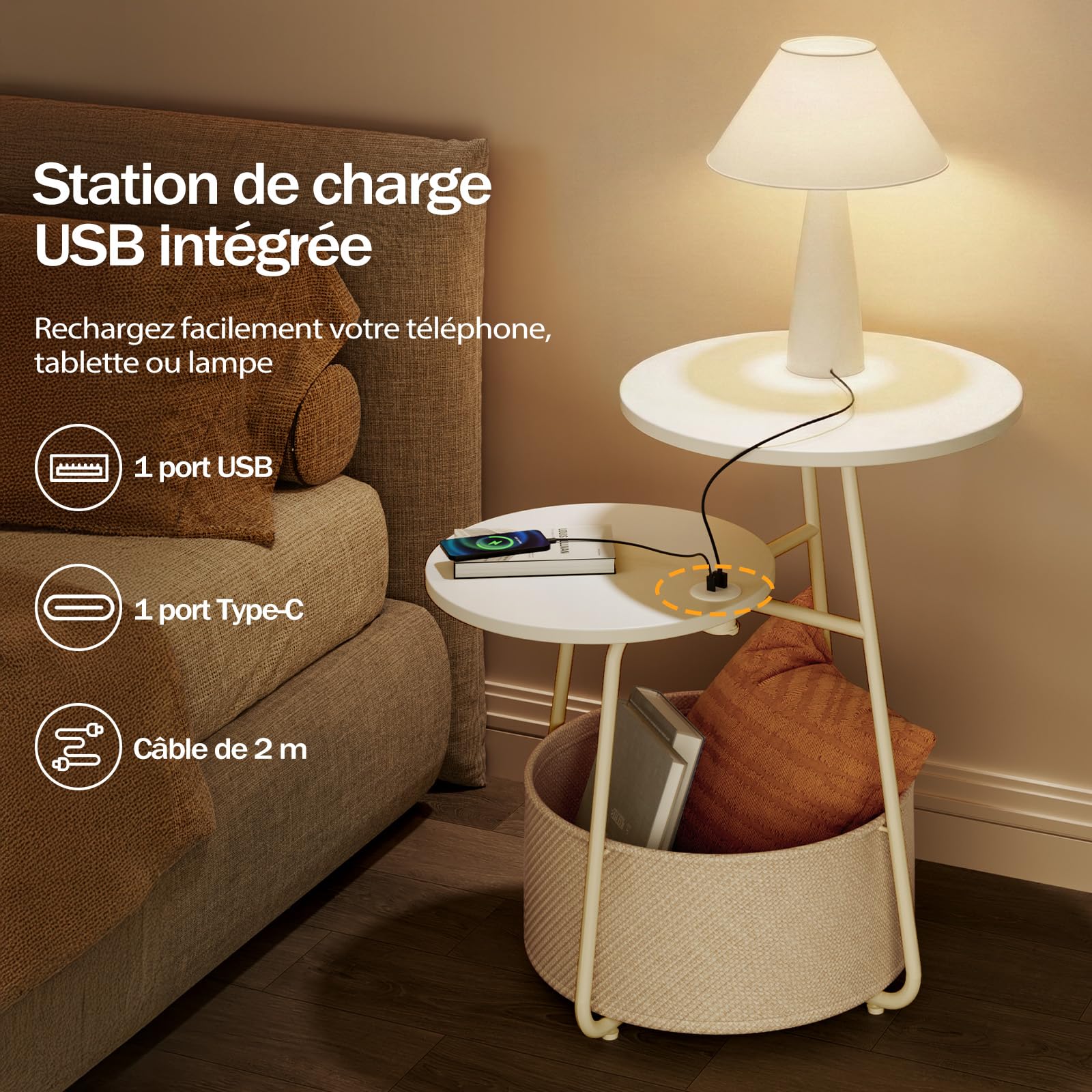 Rolanstar Table d’Appoint Ronde à 2 Plateaux Décalés, Table de Bout Empilable Moderne avec Panier de Rangement en Tissu, Table d’Accent Gain de Place pour Salon et Chambre, Blanc