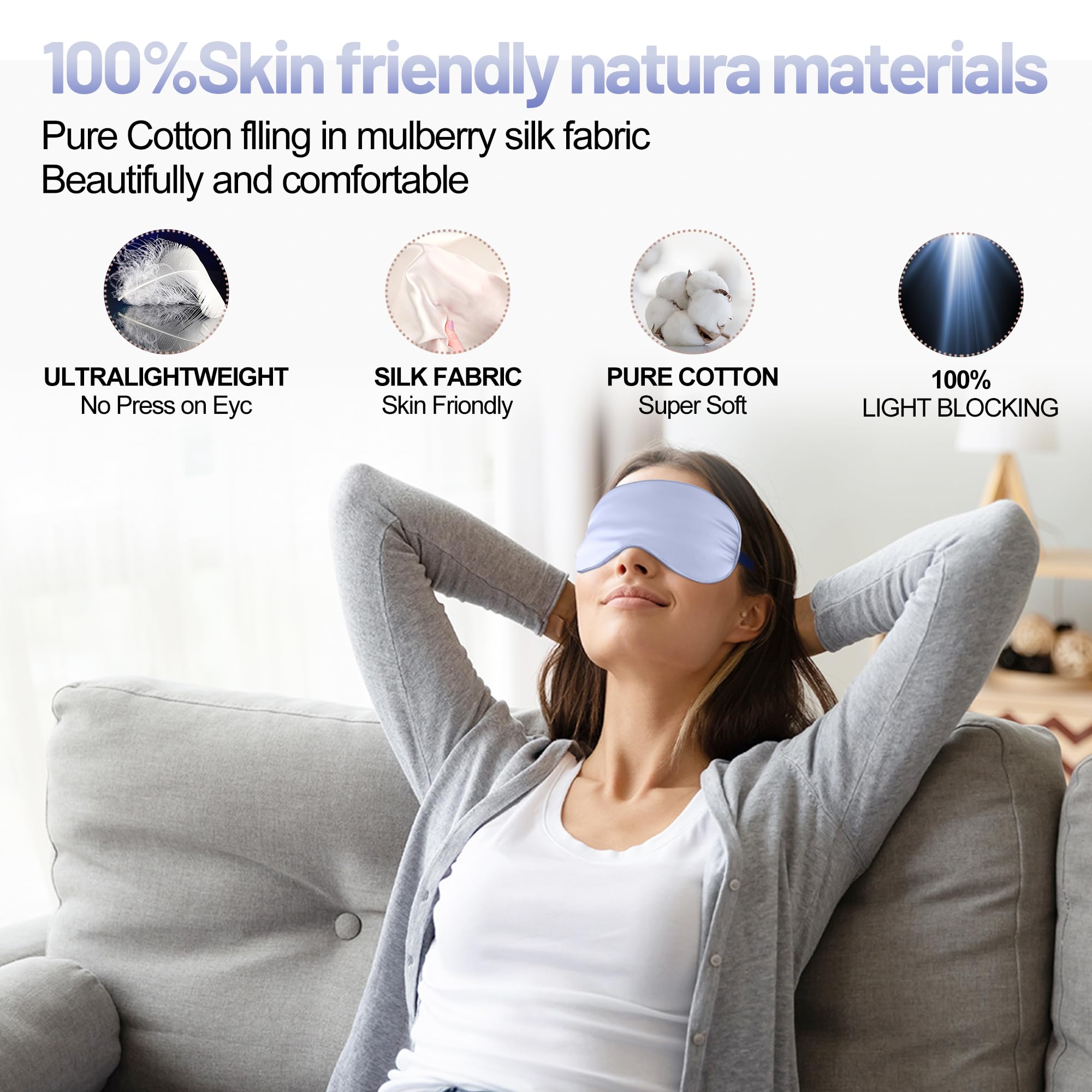Antifaz para dormir, antifaz de seda para dormir con correa ajustable, sombra de ojos vendada para hombres y mujeres, cómoda y suave, sombra de ojos para dormir por la noche (morado claro)
