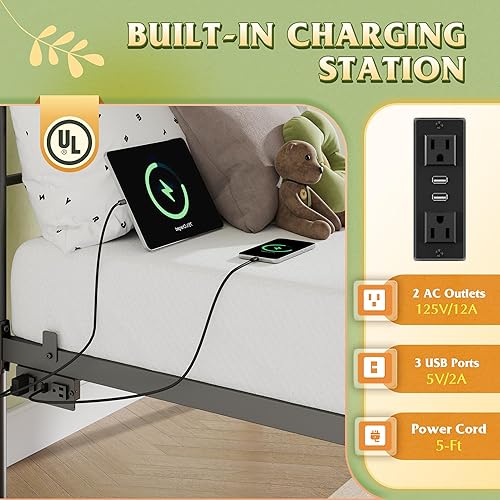 Miniatura 4 de WLIVE Marco de cama individual, marcos de cama de tamaño individual con luces LED y estación de carga, marco de cama de metal con cabecero, no