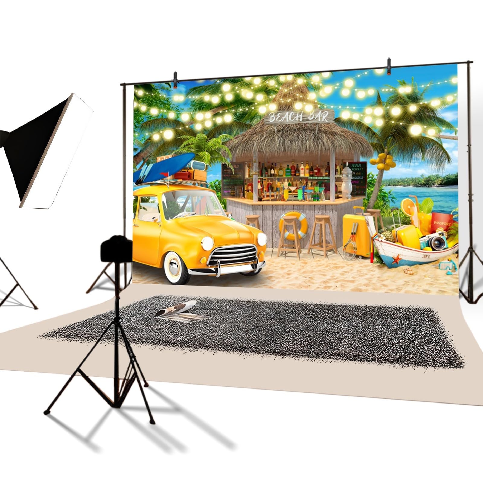 YongFoto 2,2x1,5m Sommer-Strand-Kulisse Bar Auto Bote Árbol de Coco Brillantina Tropical Fondo para fotografía Vacaciones Hawai Cartel de cumpleaños para niños Boda Ducha Nupcial Camping Foto Prop
