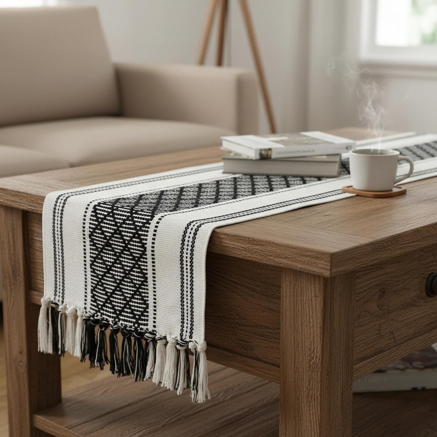 Coffee Table Runner 14 x 48 Inches Black & Cream Woven Washable Boho Tassel Dresser Scarf Topper for Furniture Farmhouse Short Table Cover with Fringe