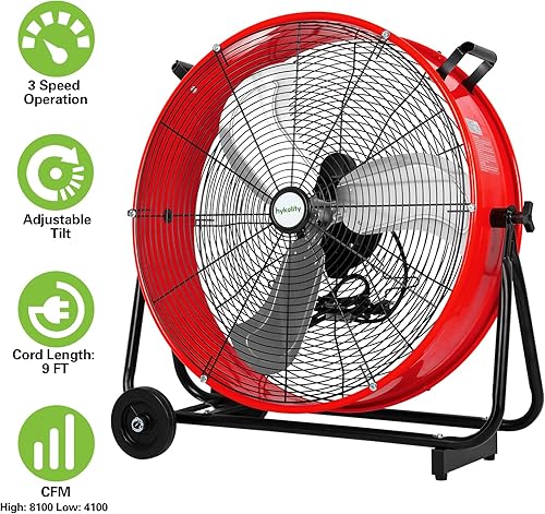 Miniatura 3 de hykolity Ventilador de tambor industrial de alta velocidad de 24 pulgadas, 8100 CFM, ventilador de metal resistente de 3 velocidades para almacén