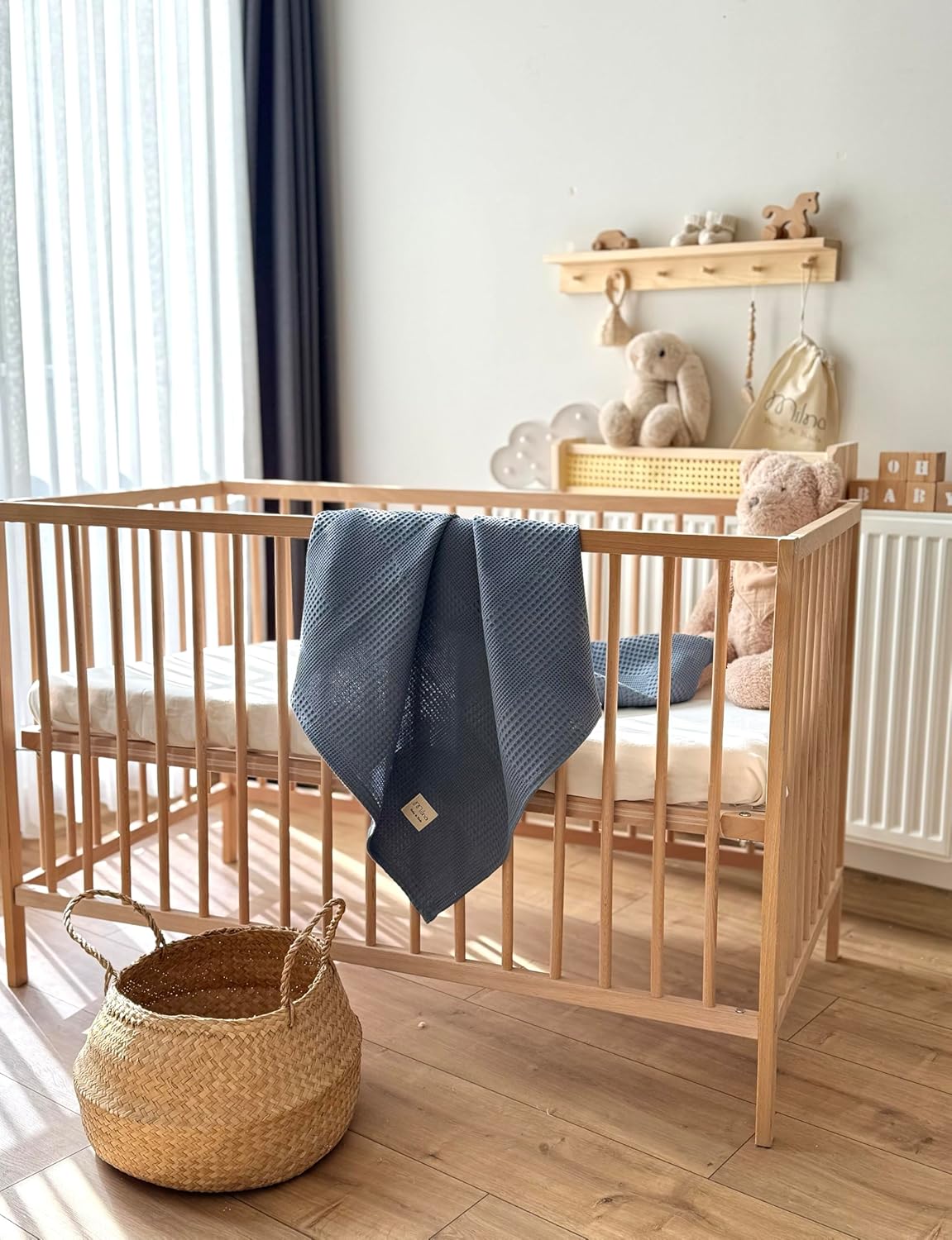 Milna Baby 100% Cotton Waffle Blanket for Boys & Girls, 100x120 cm Breathable Muslin Baby Blanket for Crib, Stroller & Swaddle, Soft Lightweight Toddler Receiving Blanket, (Indigo)