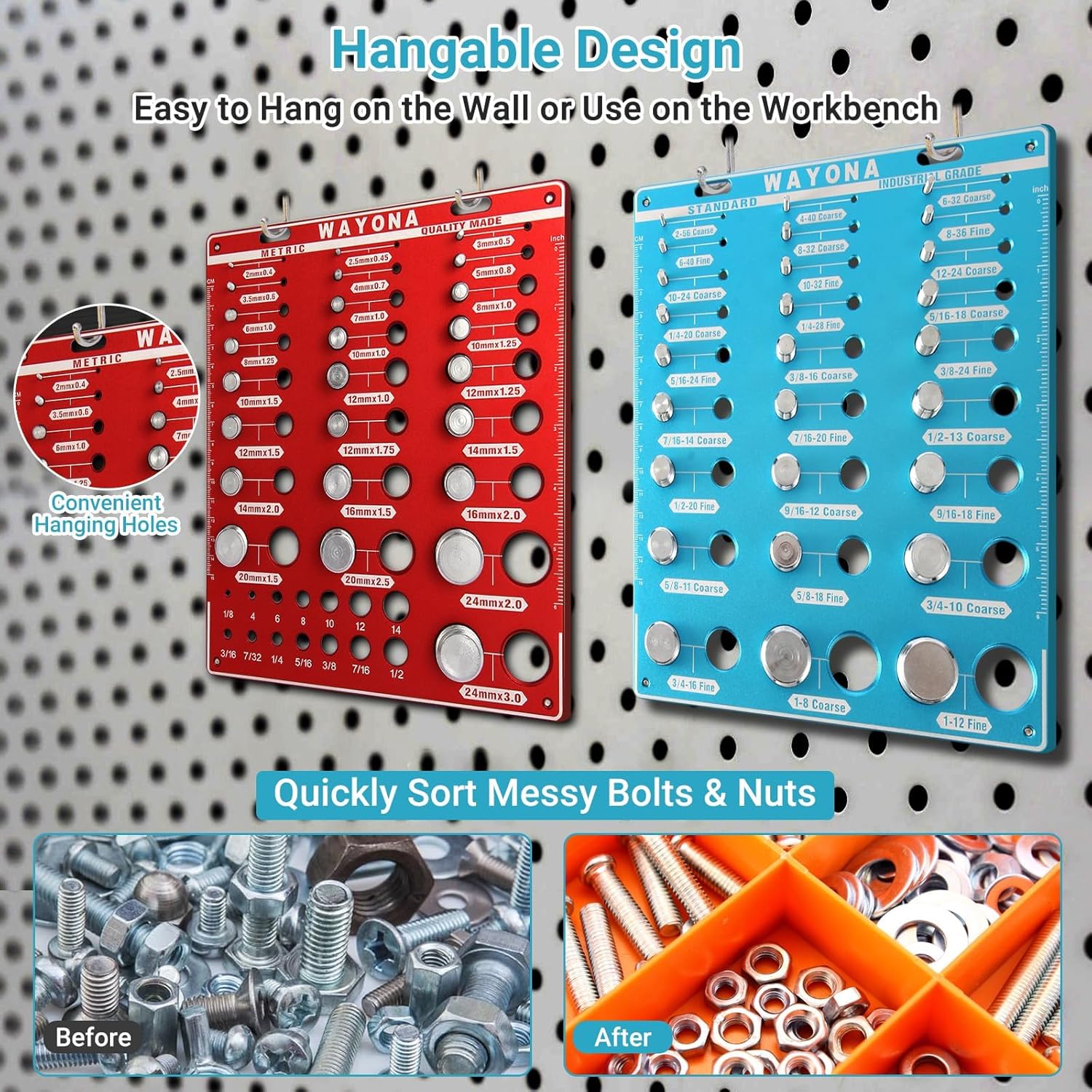 Wayona 66 Nut and Bolt Thread Checker - 27 Standard and 25 Metric Bolt Thread Gauge & 14 Drill Bit Gauge, Nut and Bolt Size Finder Tool, Wall-Mountable Bolt and Nut Identifier Gauge with Dual Scales