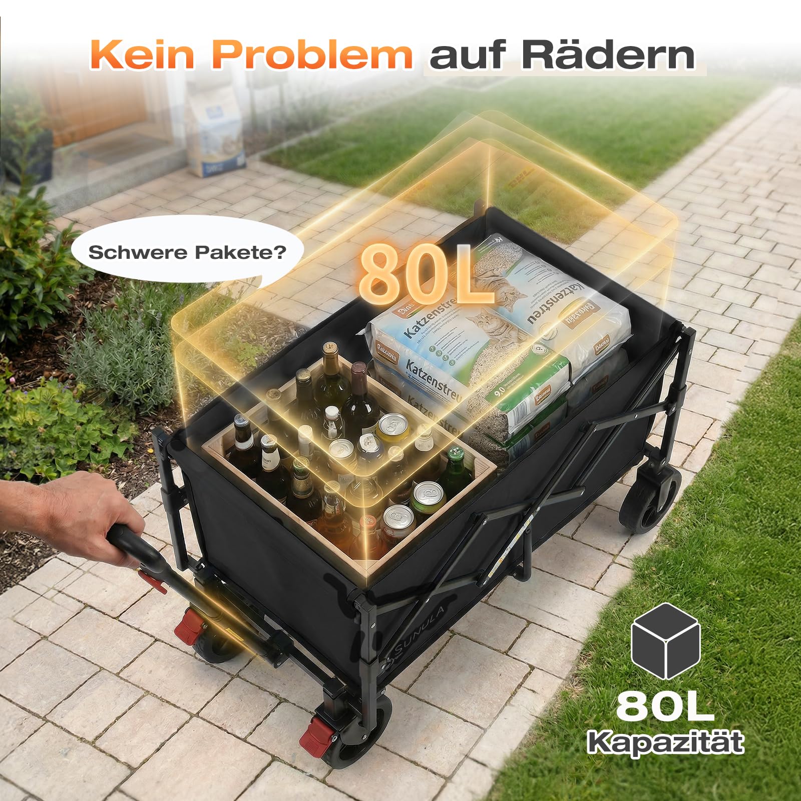 SUNULA Bollerwagen Faltbar Klein 80L 100KG, Faltbarer Bollerwagen Klappbarer Handwagen mit Halbiertem Eigengewicht, Faltbollerwagen Geländegängig mit Bremsen, Schwarz