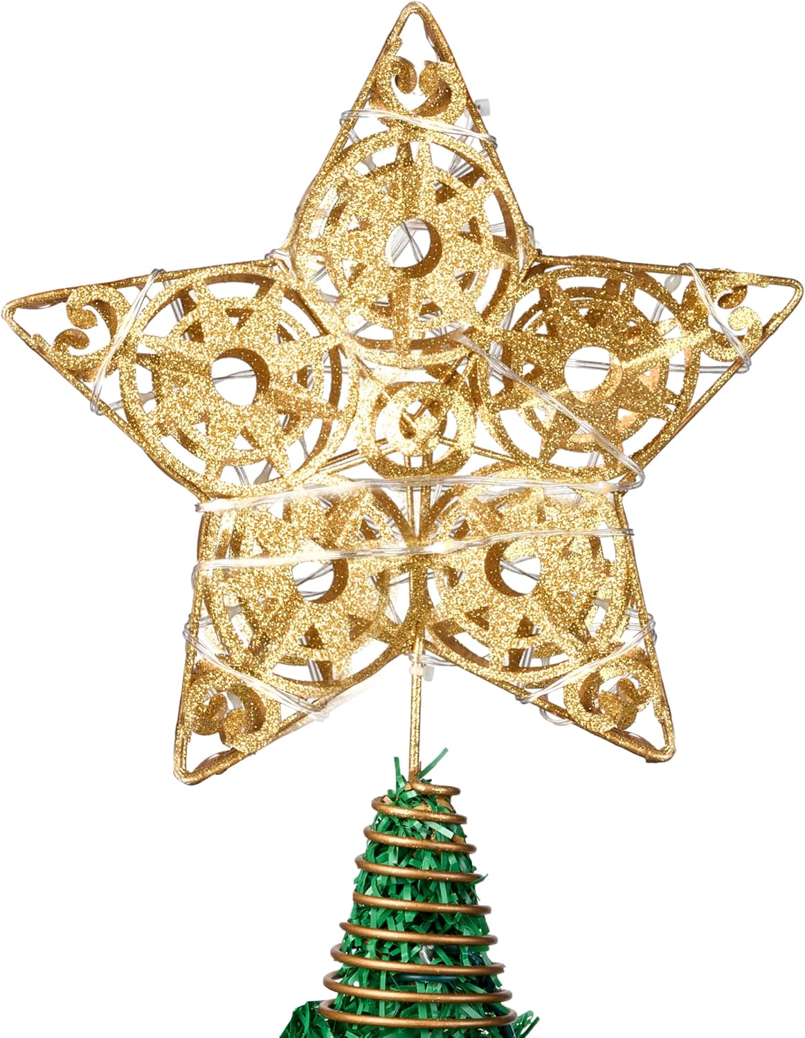 JOIEDOMI 10 inch Christmas Star Tree Topper, Metal Glitter Gold Star Tree Topper with 20 LED Warm White Lights, Battery Powered for Xmas Tree Decor Home Holiday Xmas Party Indoor Decor