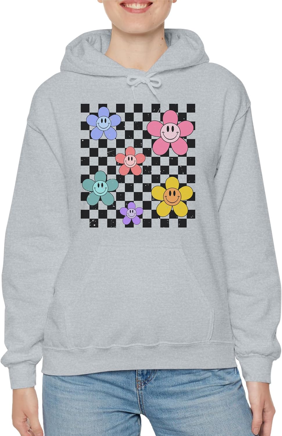 TEEAMORE Daisy on Black Checkered Print Sweatshirt & Hoodie Checkered Daisy Sweatshirt & Hoodie #0612