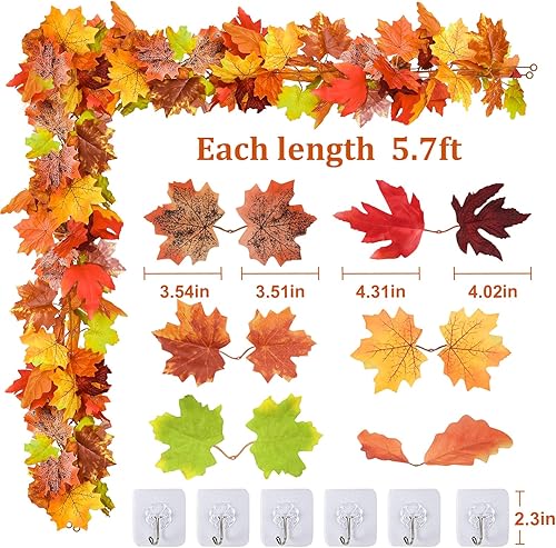 Miniatura 7 de Paquete de 6 guirnaldas de hojas de otoño para el hogar, decoración de Acción de Gracias, para interiores y exteriores, 5.8 pies, guirnalda de hojas