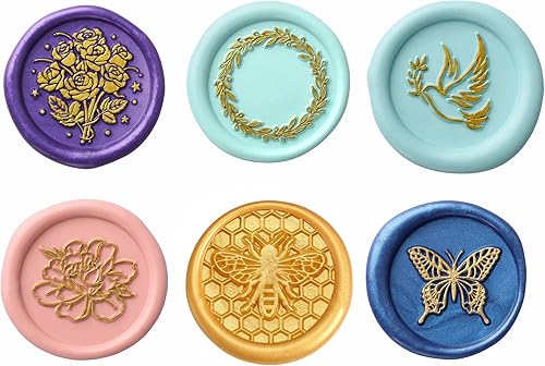 Miniatura 3 de Yoption Kit de caja de regalo de sello de cera, 6 cabezas de sello de cera de flores y animales con 1 juego de empuñaduras de madera, kit de sellos