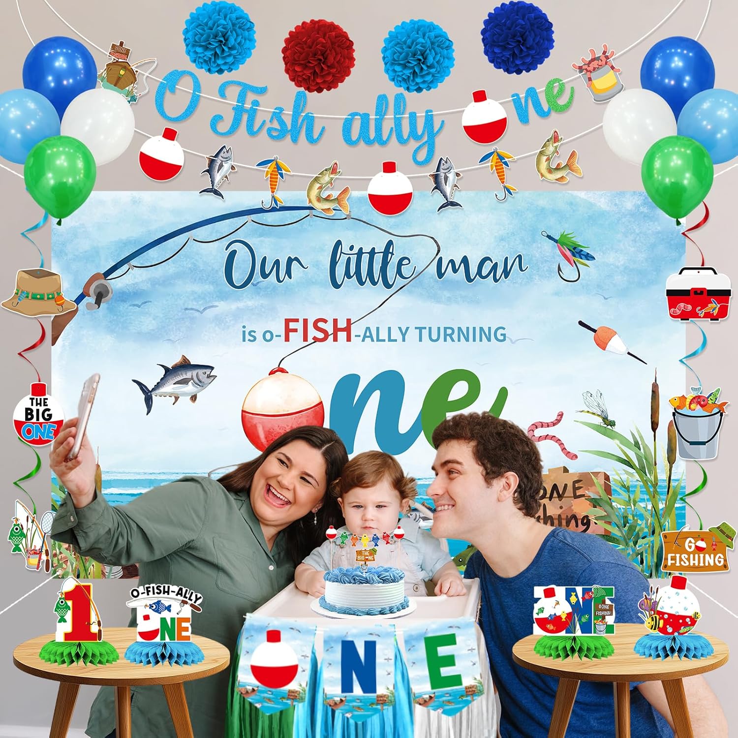 Crenics Ofishally One Birthday Decorations - Our Little Man Is Ofishally Turning One Backdrop, Banner, Hanging Swirls, Paper Pom Poms, Honeycomb and Balloons for Boy 1st Birthday Party Supplies - Image 3