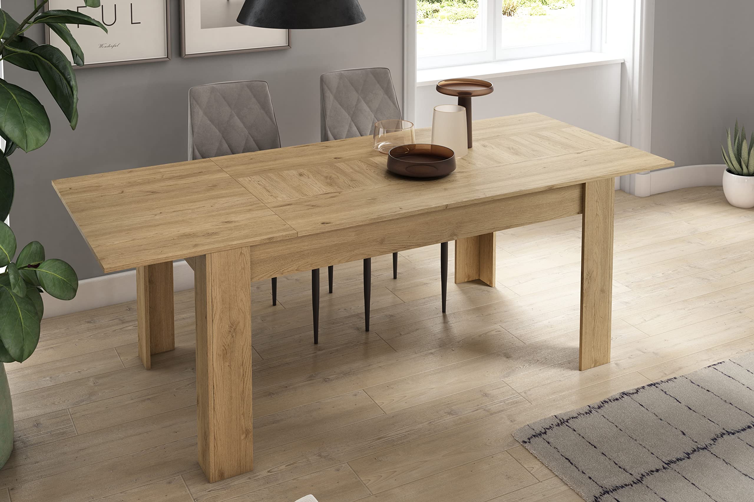 Skraut Home | Ensemble de Meubles modèle Naturale |Table Extensible 140x90x76, Buffet 140x40x80, Meuble TV 160x40x41 | Finition Mélamine Couleur Chêne/Noir