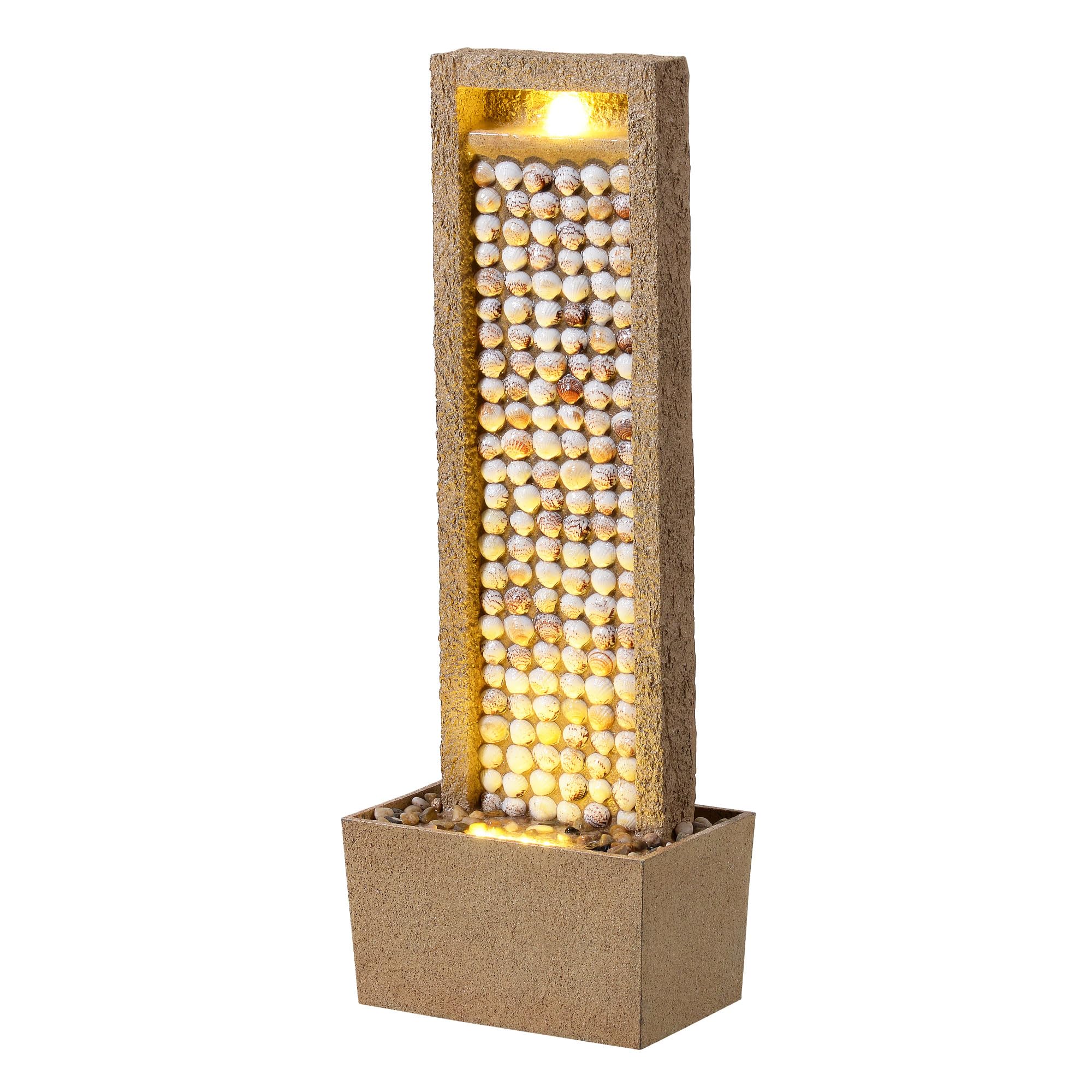 Teamson Home Garten Outdoor Brunnen Hoher Wasserfall mit warmen LED-Lichtern, Coastal Seashell Design, Robustes Polyresin, braunes Finish
