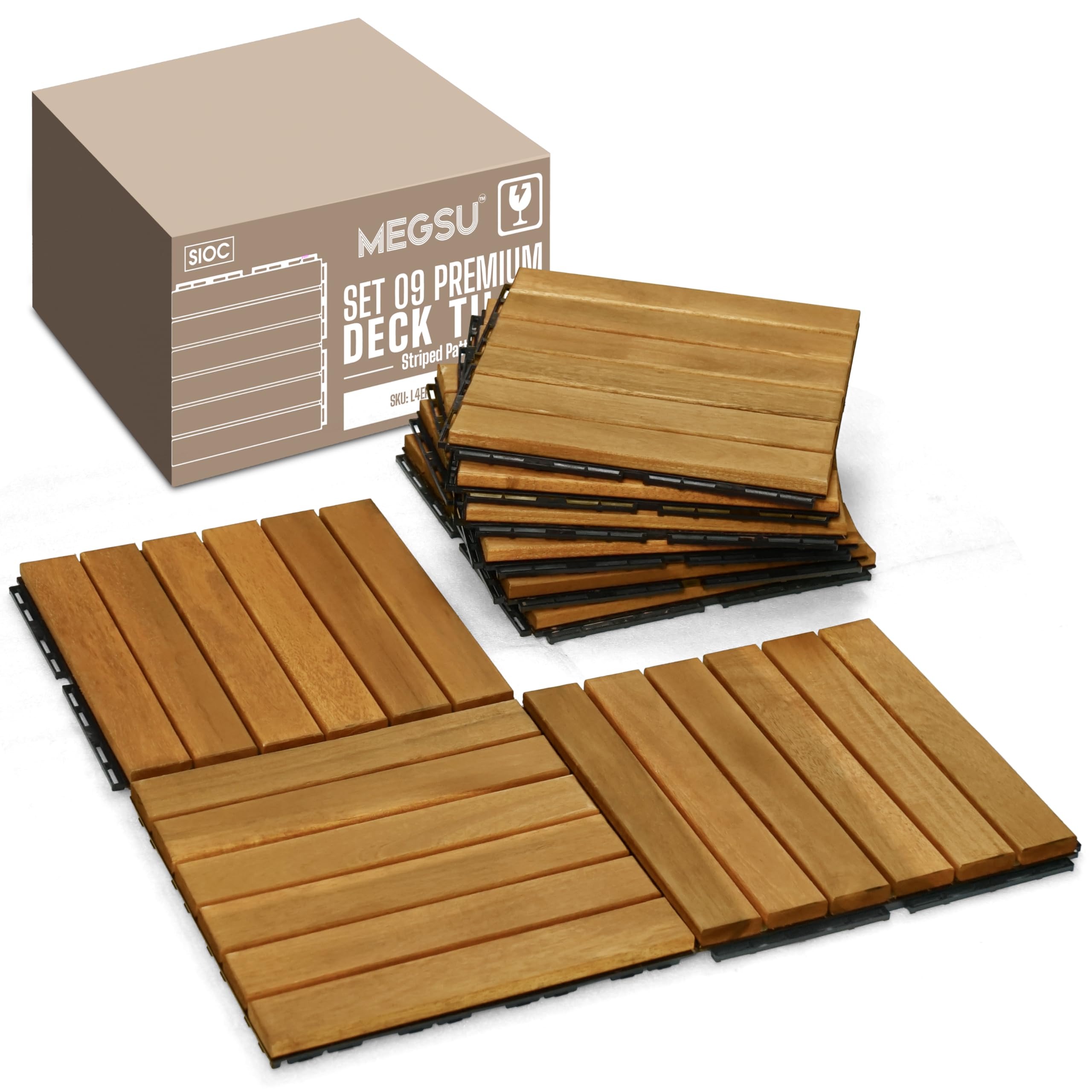 9 PCS Deck Tiles, Acacia Wood Interlocking Floor Tiles for Pathway, Balcony, Garden 12x12 Wood Flooring for All Weather Use, Waterproof, Easy Setup - Natural (Golden, 9 Pcs - 9 Square Ft)