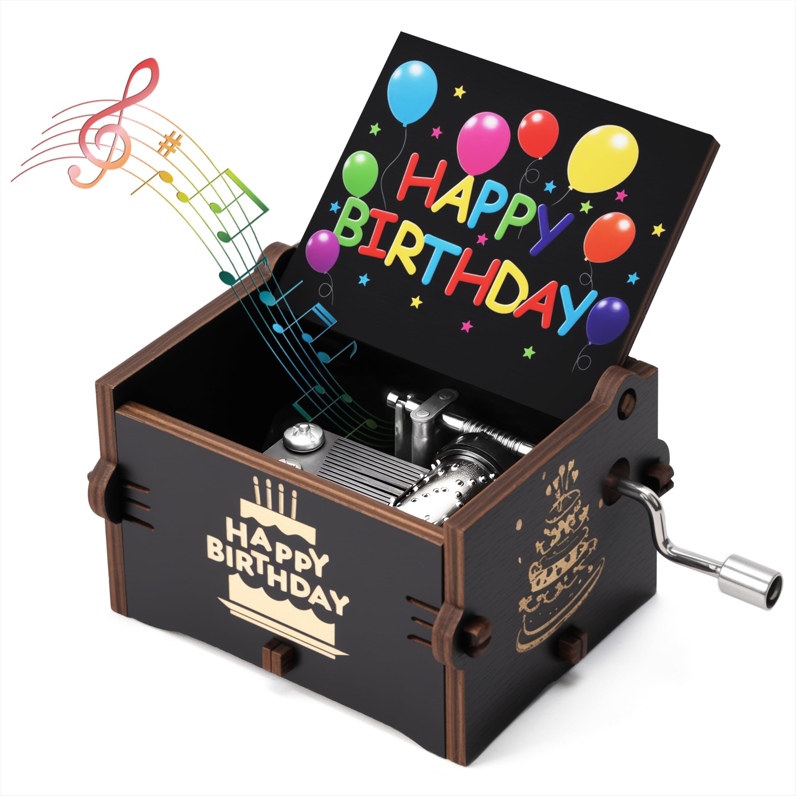 Qzakce Wood Music Box Laser Engraved Vintage Wooden Hand Crank Black Musical Boxes Birthday Gift for Friend Family Wife Girlfriend, Happy Birthday