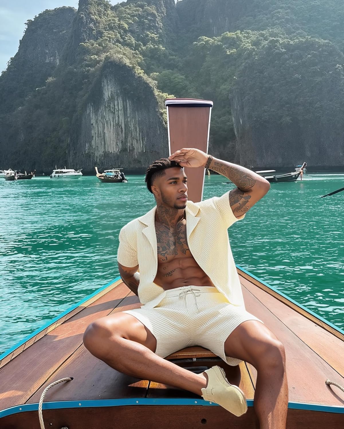 UOUA 2 Piece Short Sets for Men Summer Beach Outfits Stripe Texture Button Down Shirts & Shorts Casual Vacation Set - Image 4