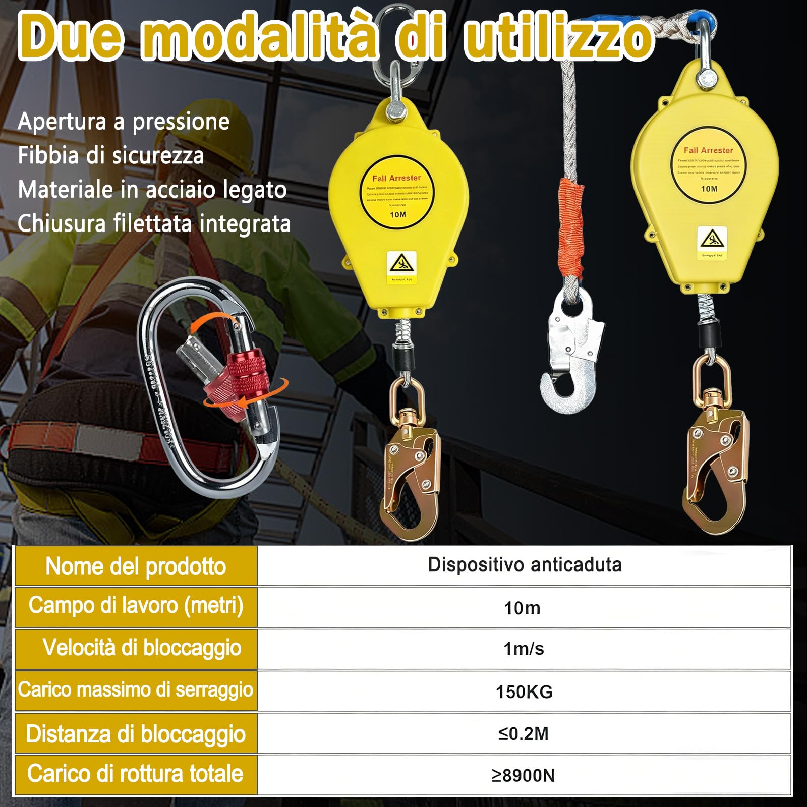 Dispositivo Anticaduta Retrattile Certificato, 10m Imbracatura di Sicurezza Anticaduta con Gancio Autobloccante, Professionale Dispositivo Retrattile di Sicurezza Anticaduta (Giallo)