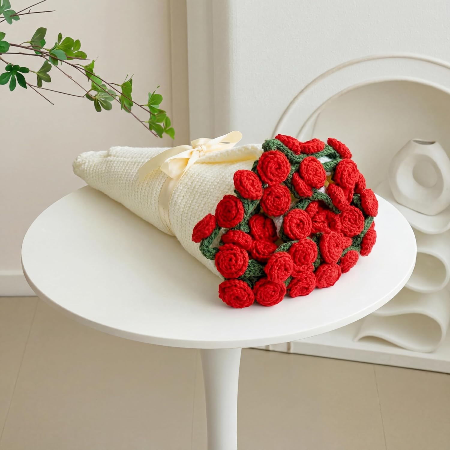 Valentines Day Gifts for Her Gifts, Women Soft Crochet Rose Flower Bouquet Blanket, Galentines Birthday Gift for Mom Girlfriend Wife Table Picnic, Washable(Rose,31.5 Inch,Red)