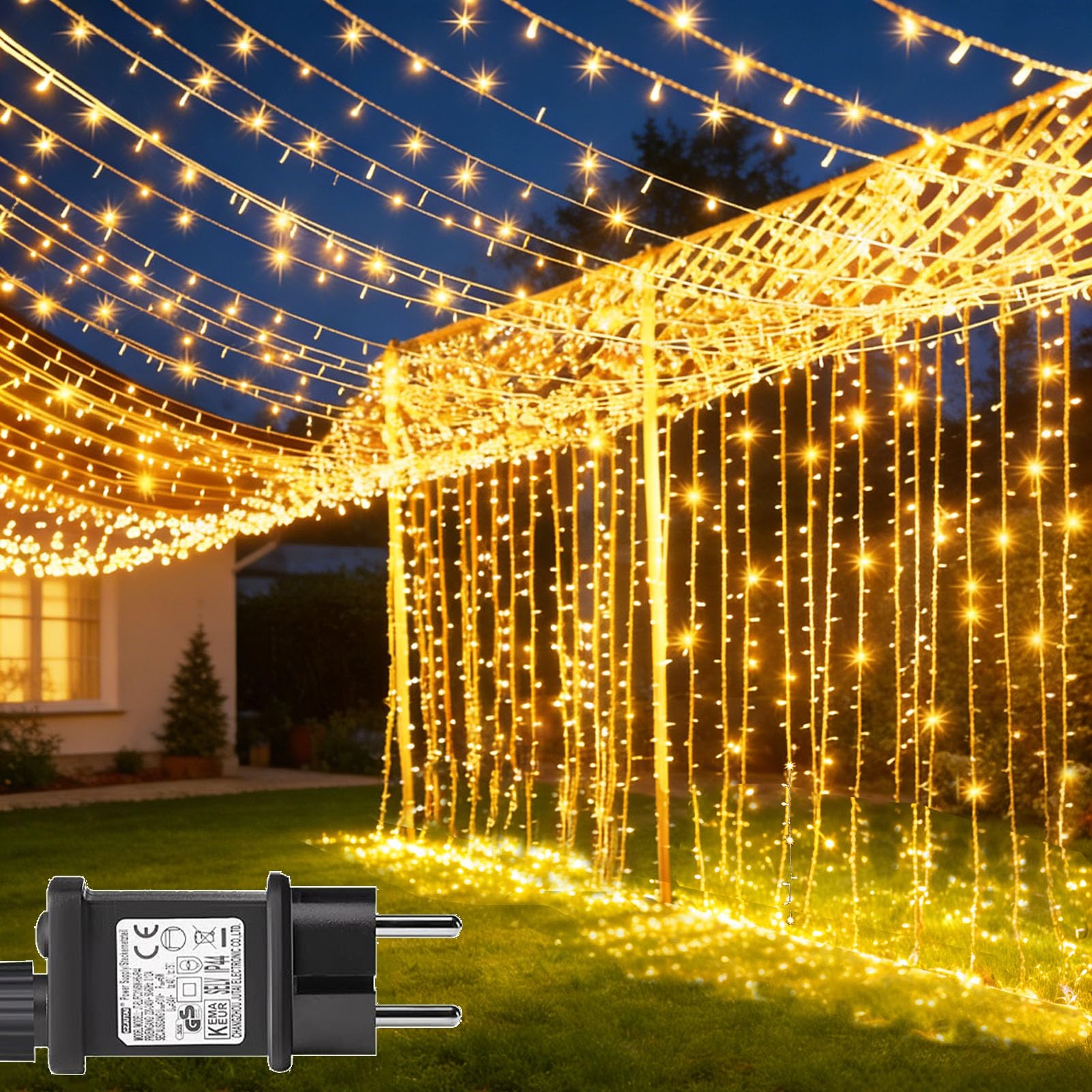 yowin Tenda Luminosa Esterno Interno 6m x 3m 600 LED Cascata Luci Impermeabile IP65 con Timer, 8 Modalità Luci Tenda con Presa per Matrimonio, Gazebo, Finestra, Parete, Giardino - Bianco Caldo