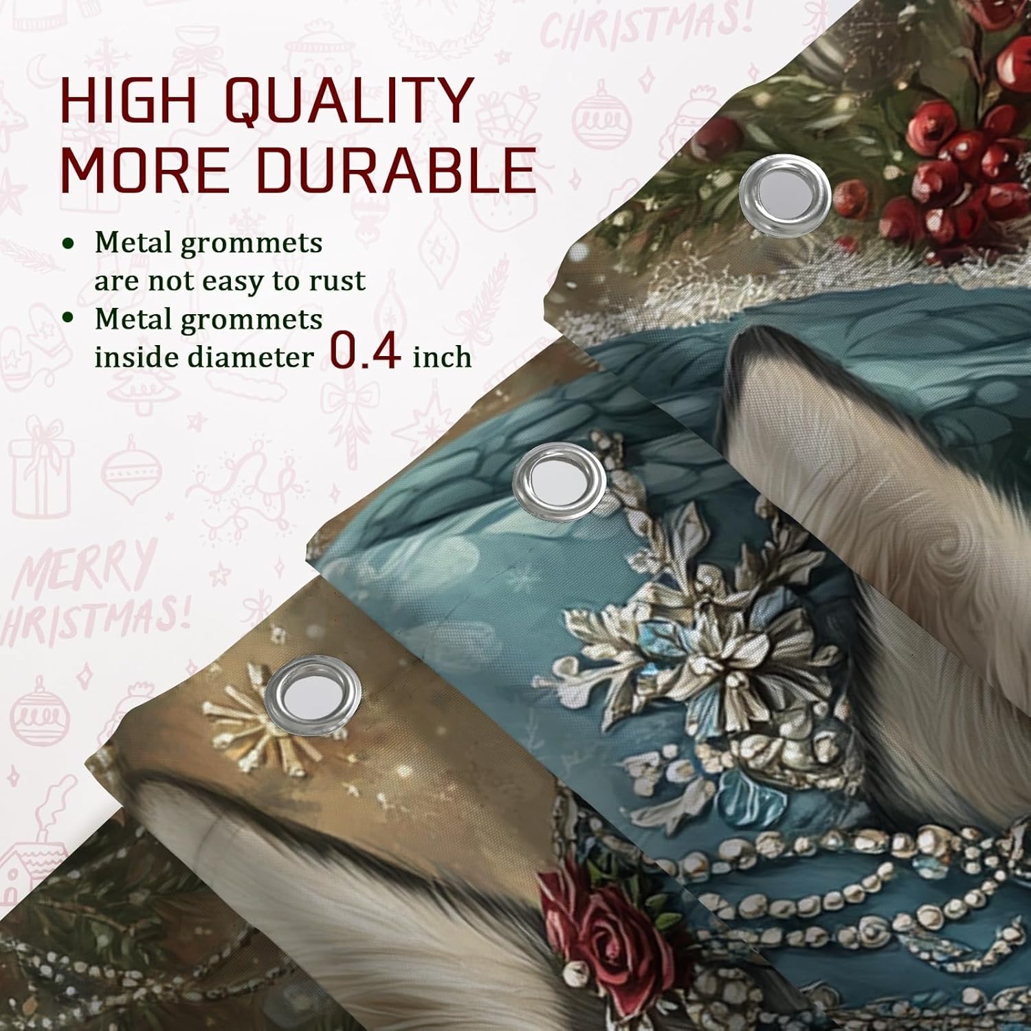 4PCS Vintage Christmas Husky Dog Bathroom Sets, Bath Accessory with Non-Slip Rug, U Shape Toilet Lid Cover Mat, Retro Xmas Puppy Bathroom Decor-72''x72''