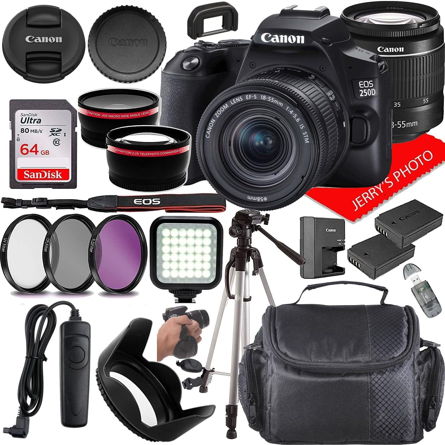 Canon EOS 250D (Rebel SL3) DSLR Camera w/Canon EF-S 18-55mm f/4-5.6 IS STM Lens + Case + Extra Battery + 64GB Memory (21pc Bundle) (Renewed) Canon EOS 250D (Rebel SL3) DSLR Camera w/Canon EF-S 18-55mm f/4-5.6 IS STM Lens + Case + Extra Battery + 64GB Memory (21pc Bundle) (Renewed)