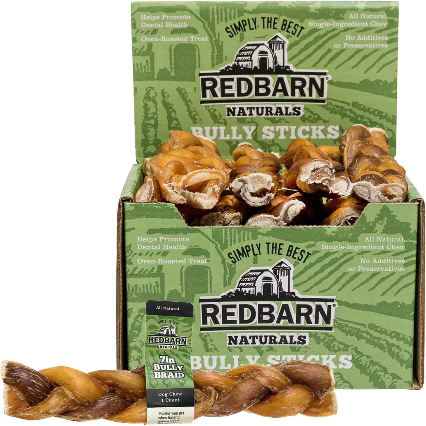 Redbarn 7" Braided Bully Sticks for Dogs - Natural, Grain-Free, Highly Palatable, Long-Lasting Dental Chews Sourced from Free-Range, Grass-Fed Cattle 25 Sticks