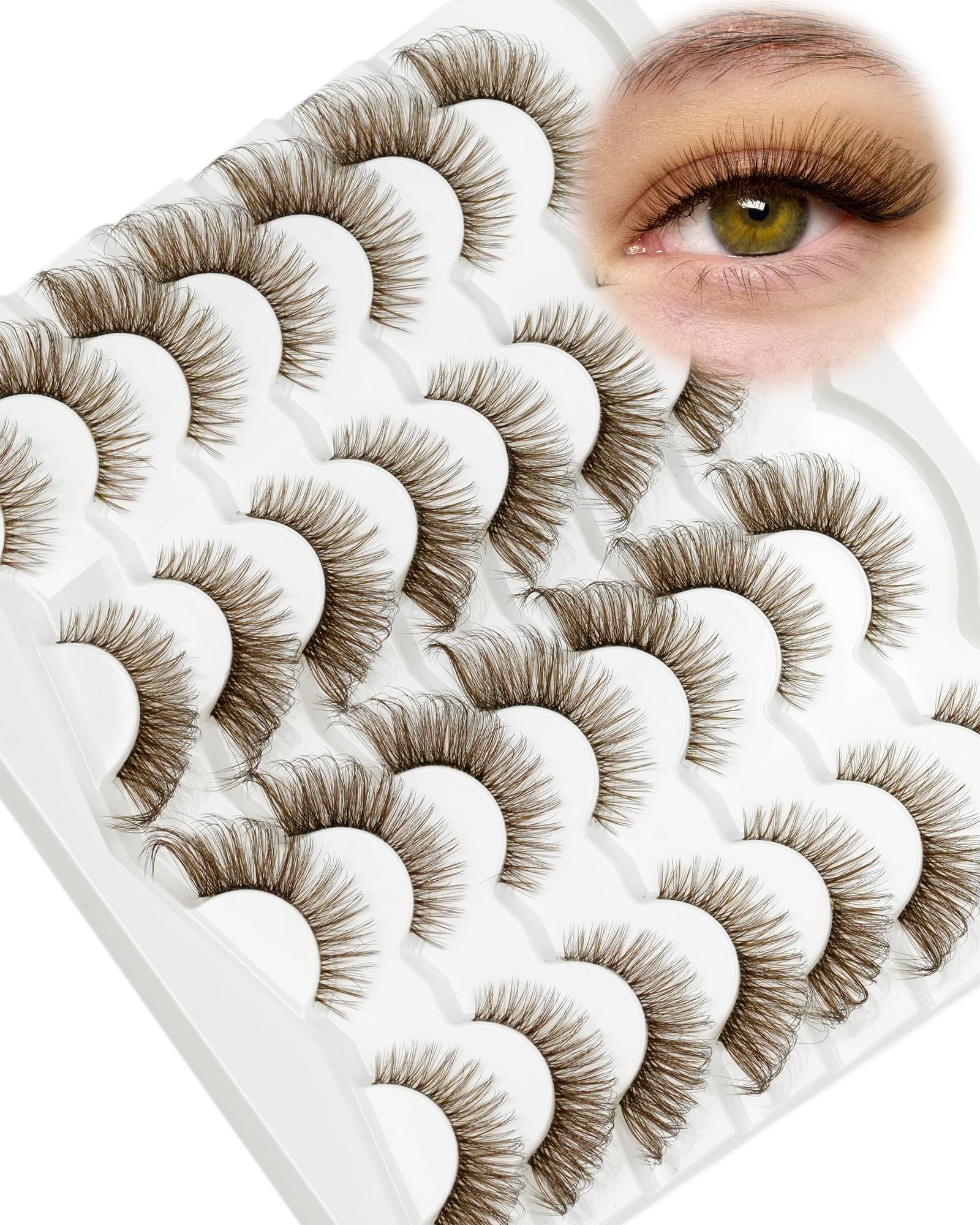 Cat Eye Lashes Brown Strip Eyelashes Wispy Fox Eye Lashes 14pairs Fake Eyelashes 100% Handmade D Curl Soft and Reusab by Obeyalash (Style-Brown 146)