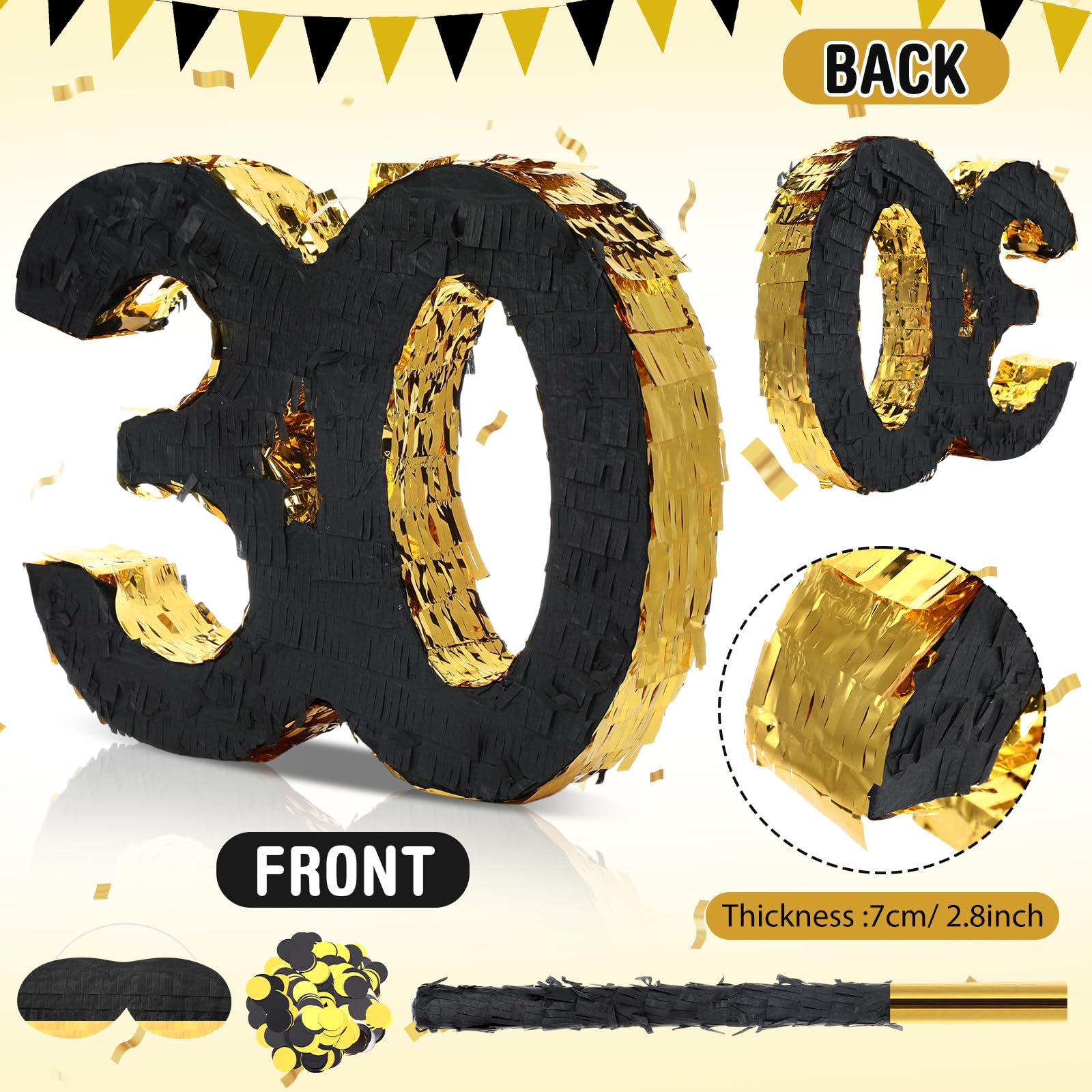 Gemscream Piñata de cumpleaños número 30 de 16 pulgadas con palo de piñata, confeti vendado para hombres y mujeres, regalos de fiesta de 30 cumpleaños, decoraciones de aniversario