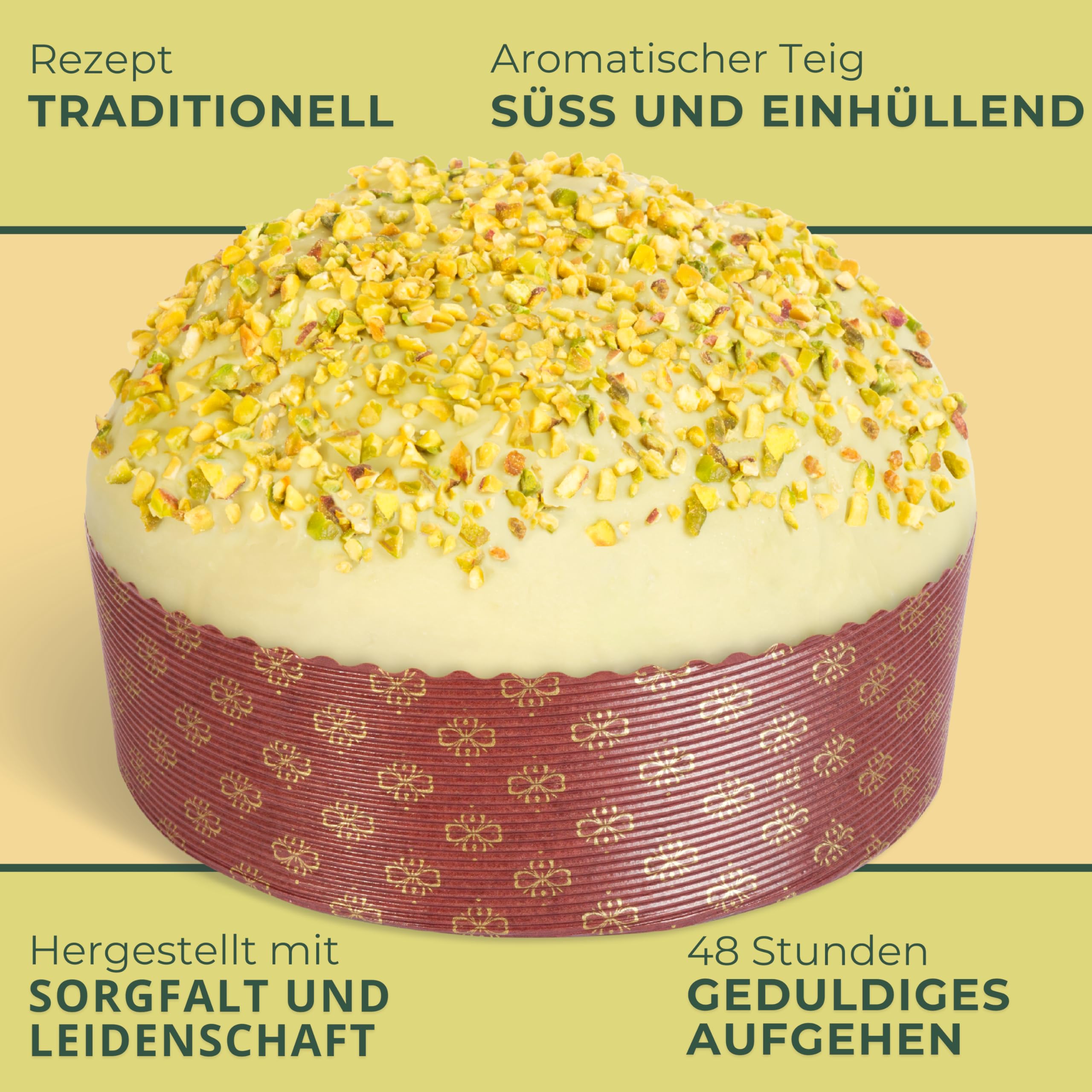 Handwerklicher Pistazien-Panettone 750 g, Pasticceria Fraccaro 1932, gefüllt mit Pistaziencreme, ohne kandierte Früchte und Rosinen, dunkle Schokolade und sizilianische Pistazienkruste, mit Mutterhefe