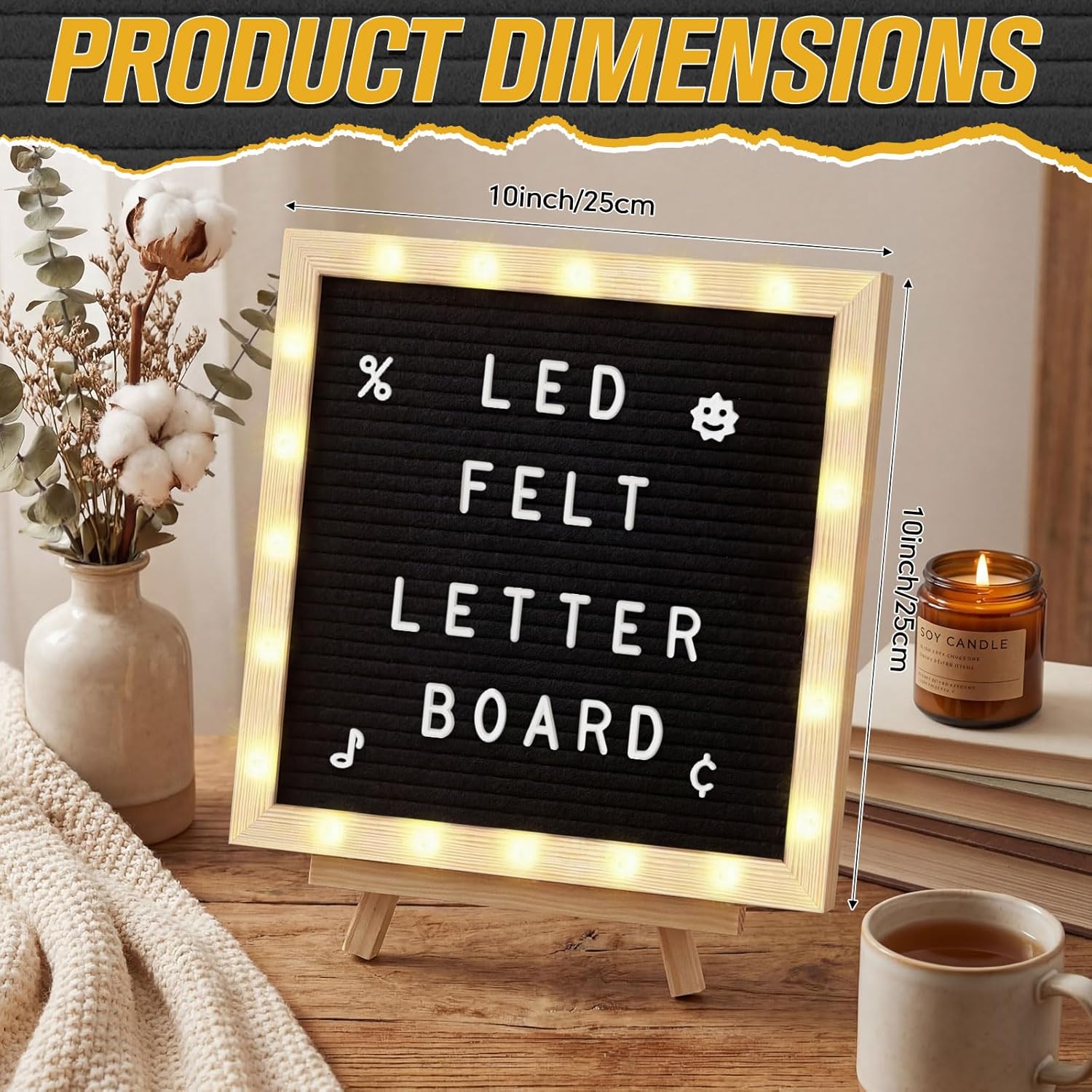 10x 10 Inch Changeable Felt Letter Board with LED Lights, Message Custom Felt Letter Board with Wooden Stand and 340 Letters for Pregnancy Announcement Classroom Decor Poster (Black? Black 10x 10 Inches