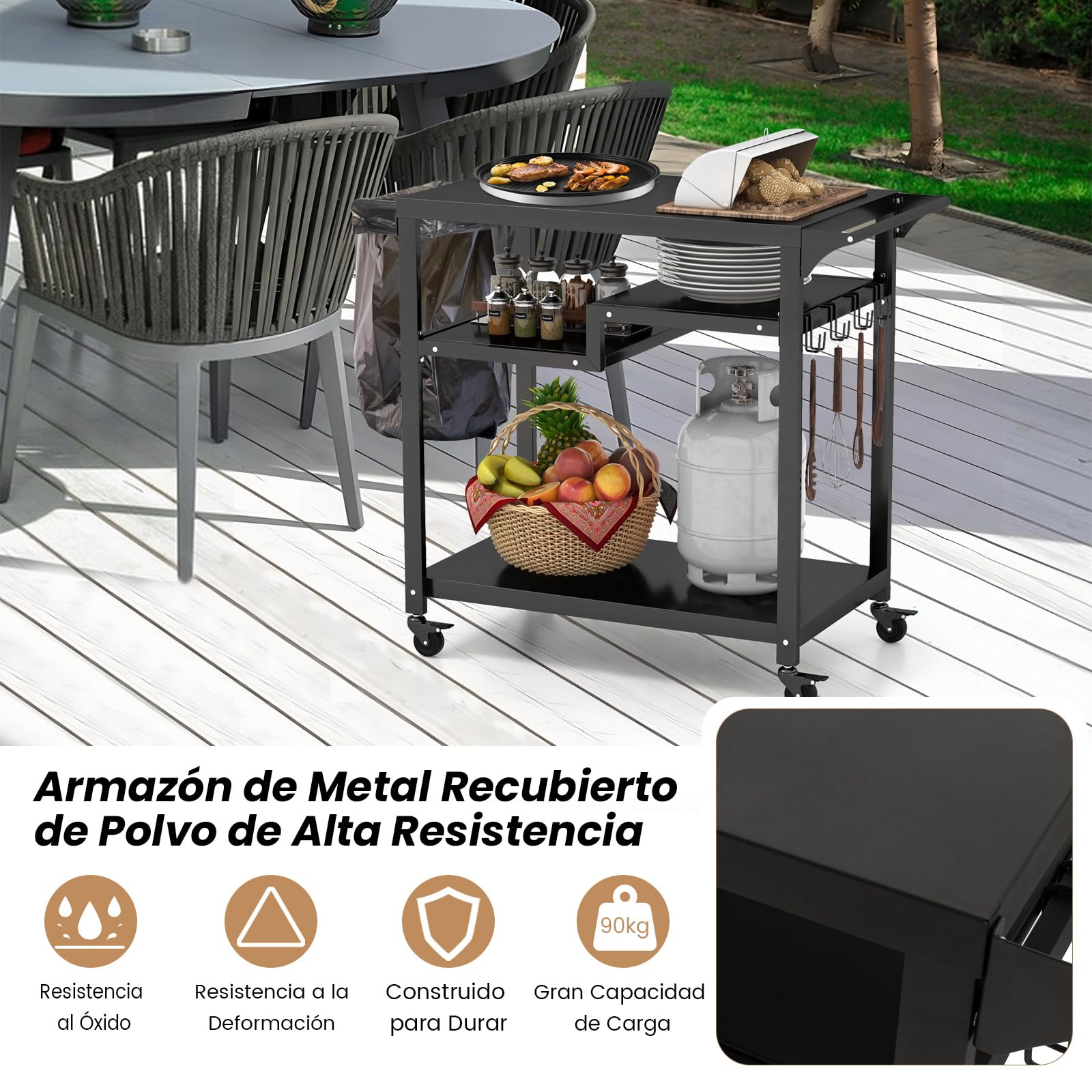 COSTWAY Carro de Barbacoa para Exteriores, Carro de Cocina móvil con 4 Ruedas, Carrito Móvil con 3 Estantes, Tablero de Metal, Carro de Servicio, Carrito Portátil (3 estantes)