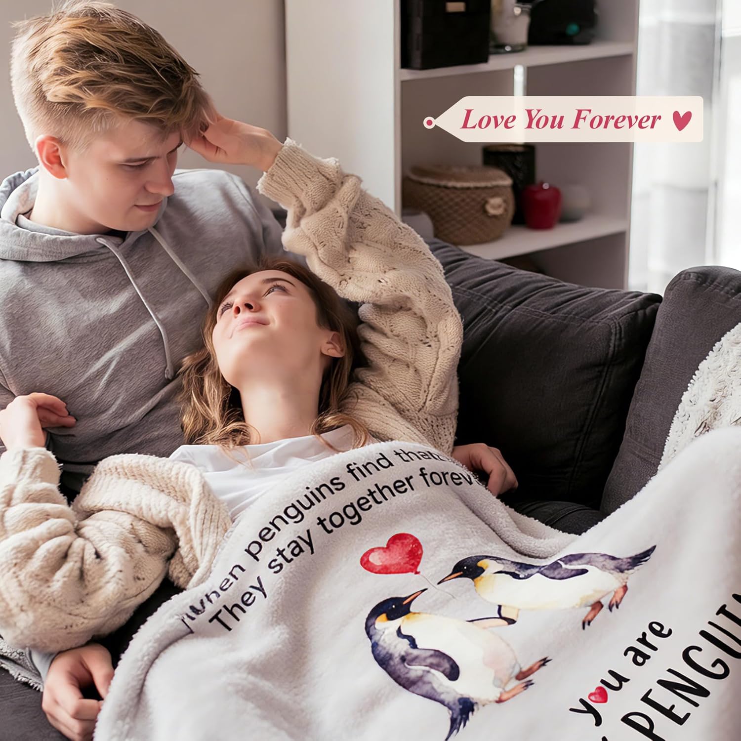 Valentines Day Gifts for Her Him Romantic Anniversary Flannel Blanket for Boyfriend Girlfriend Men Women, Soft Husband Wife Engagement Throw for Wedding Christmas Birthday 60"x50", Penguin - Image 4
