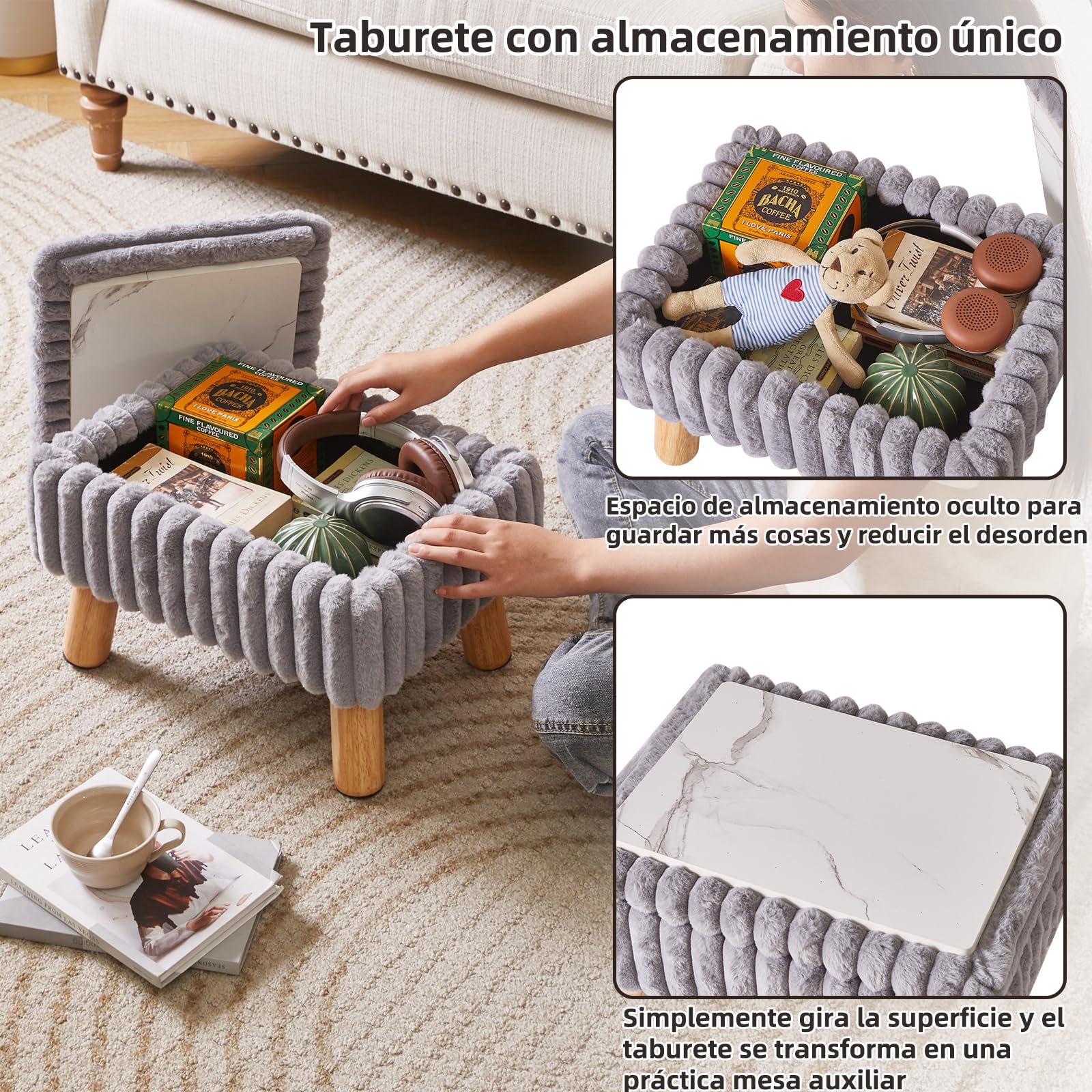 Aibiju Taburete Pequeño, Otomana de Terciopelo con Patas de Madera, Reposapiés Otomana, Asiento Adicional, Mesa Pequeña para Sala de Estar, Dormitorio, Recibidor, Gris YD-JD152G