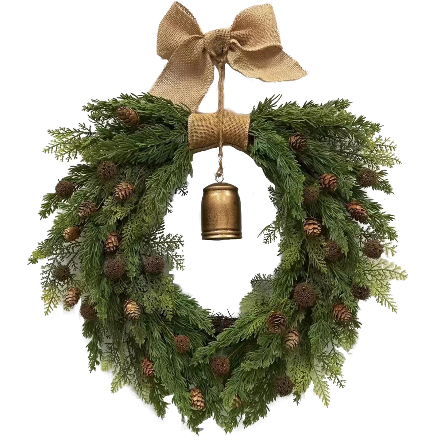 Grtheenumb 1Pc Christmas Decorations, Christmas Wreath 20 Inch Artificial Realistic Wreath With Bells, Bows, Pinecones & More Easy Hanging Low Maintenance Wreaths For Front Door, Window, Wall
