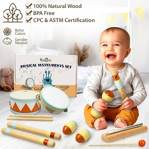 Miniatura 3 de MINIARTIS Instrumentos musicales para niños pequeños  Juguetes musicales de madera Montessori para niños pequeños de 1 a 3 años  Juego de batería