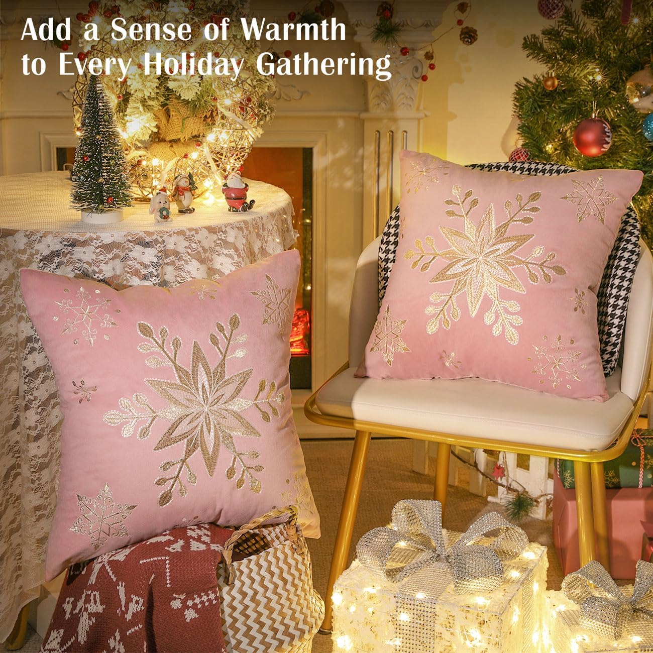 Lewondr 18 x 18 Inches Pack of 2 Christmas Throw Pillow Covers, Embroidery Snowflakes Decorative Velvet Throw Pillow Cases Soft Square Pillow Covers for Living Room Bed Couch Sofa Home Decor, Pink