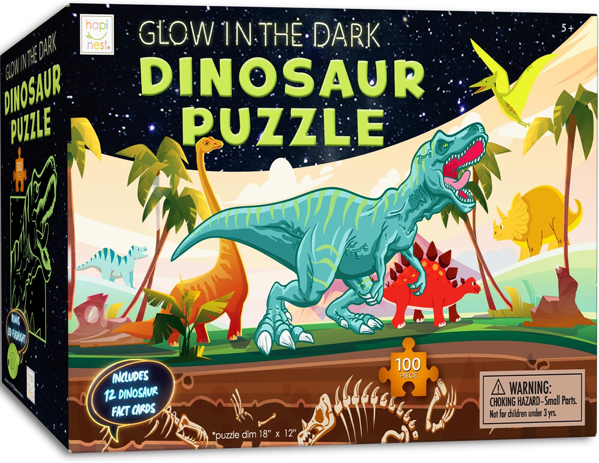 Hapinest Glow-in-The-Dark Dinosaur Jigsaw Puzzle for Kids, 100 Piece Puzzles for Kids Boys and Girls Gifts Ages 5 6 7 8 9 10 11 12 Years Old & Up, Includes 12 Dinosaur Fact Cards & LED Mini Flashlight